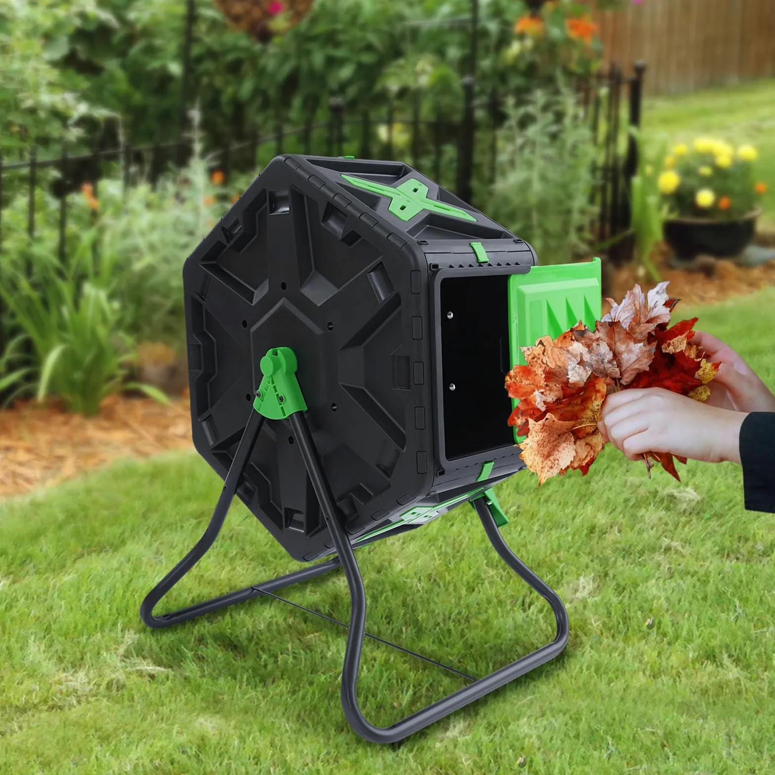 Compostador giratorio de 70 litros, contenedor de compostaje giratorio, para jardín, compostador rápido giratorio, para residuos de cocina, hierba triturada, hojas, paja, virutas de madera, ramas, etc