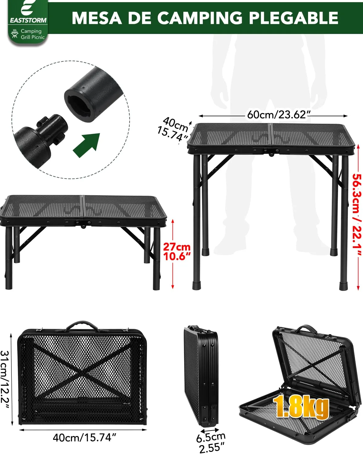 E EASTSTORM Mesa de Camping Plegable 60×40cm, de Jardín y Barbacoa Con Placa de Rejilla de Metal, Ligera y Portátil Para Playa y Balcón (Negro)