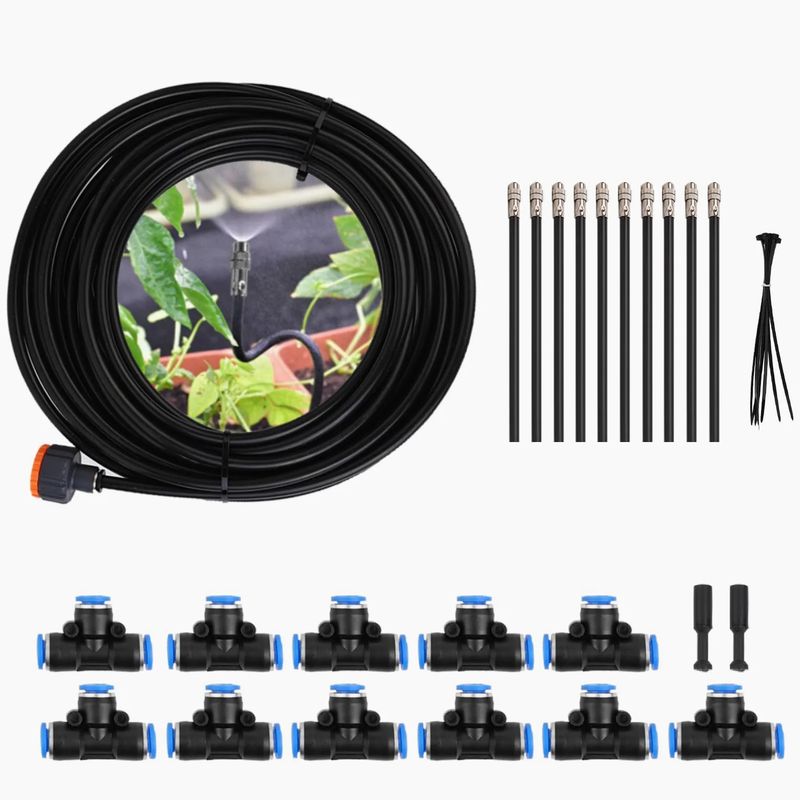 Kit Nebulizador Terraza, Nebulizador Jardin con 8mm Boquilla Ajustable +10M Línea +3/4" Adaptador, Sistema de Enfriamiento por Nebulización para Eventos al Aire Libre, Sombrillas y Techos