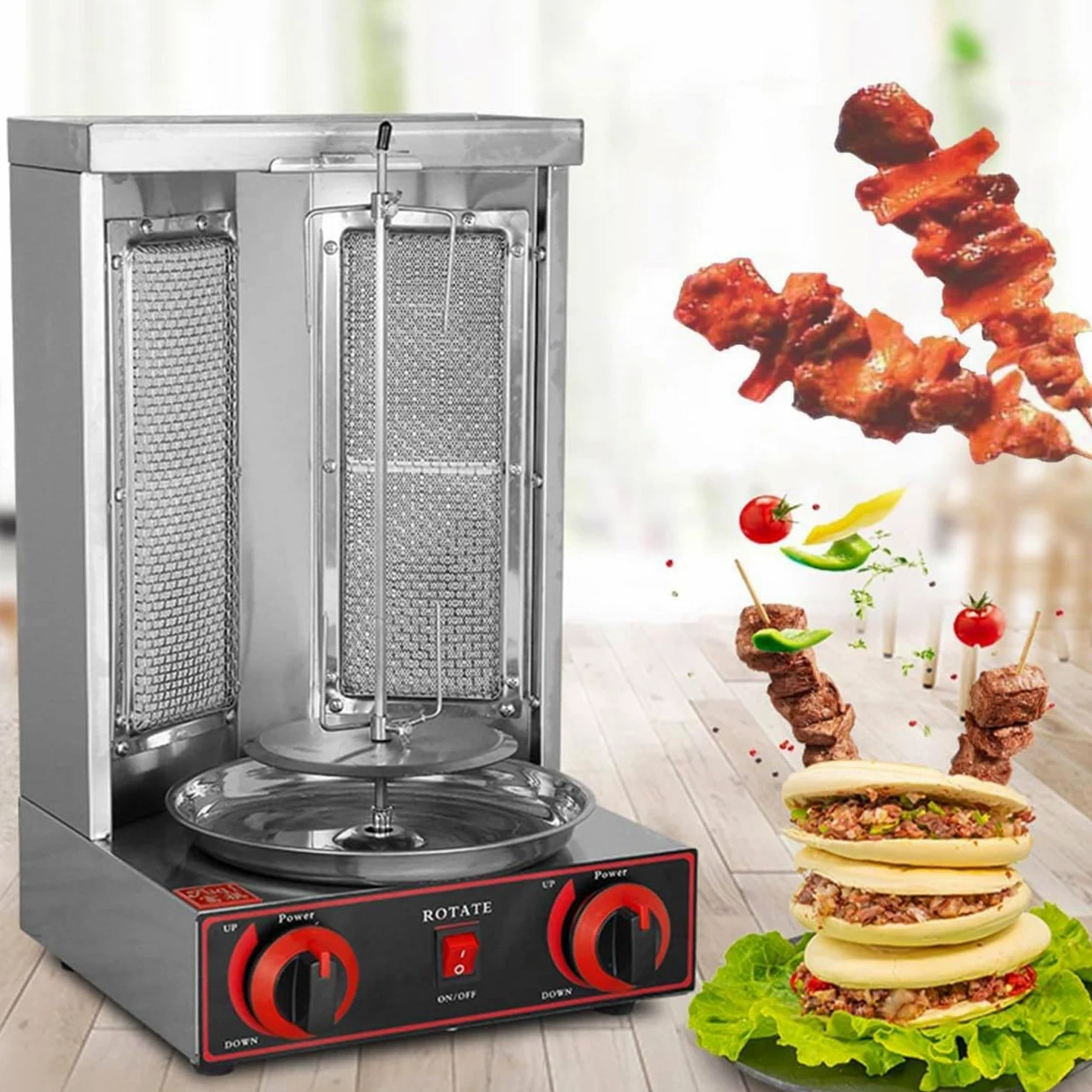 Parrilla Vertical Para Asar Kebab, Asadores De Gas De Acero Inoxidable, Horno Asador Para El Hogar, Máquina De Kebab Doner a La Parrilla Con Interruptor De Ajuste De Temperatura, 50-300 ℃,Silver-M