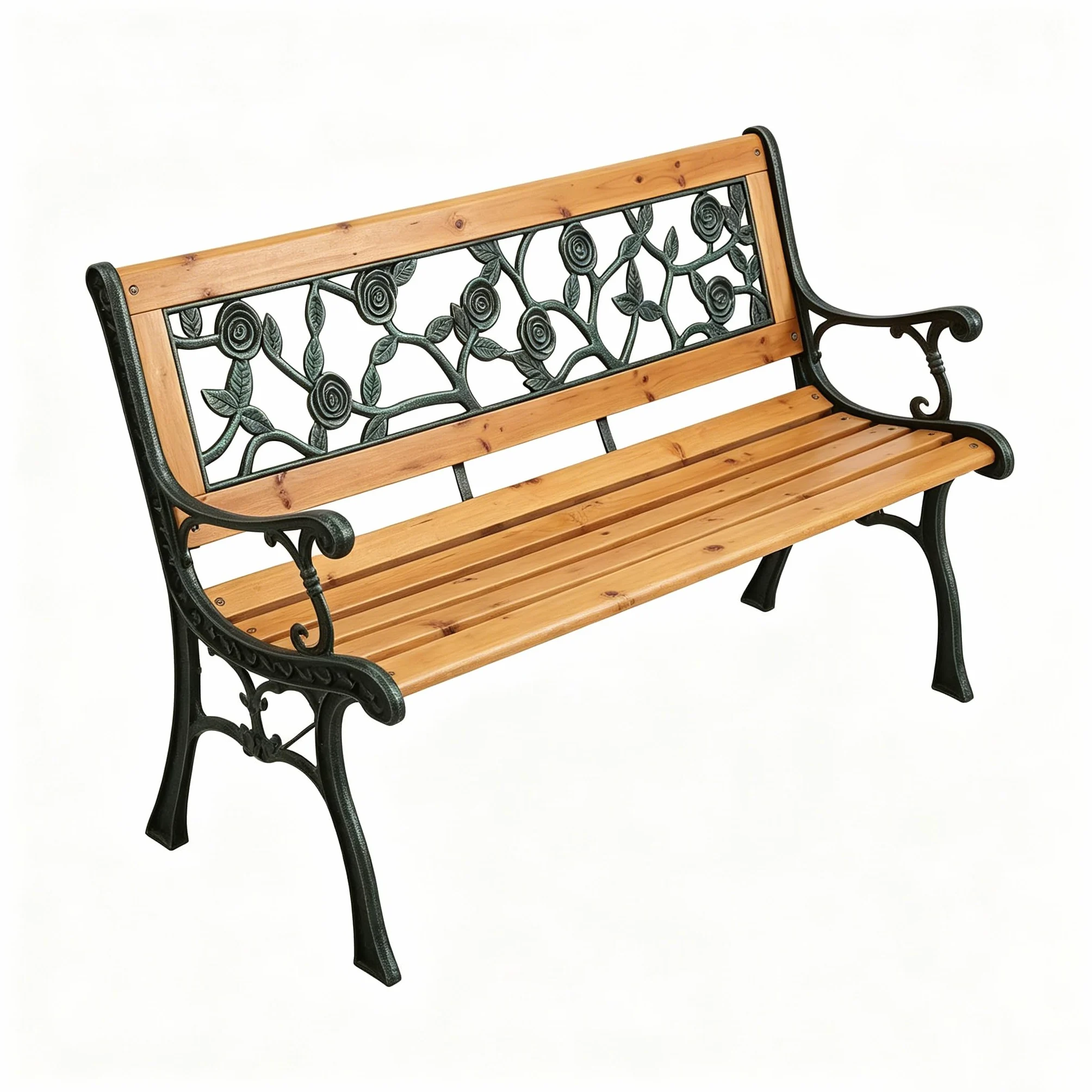 Banco de Jardín Exterior Madera Metal 2 Plazas Respaldo Floral Vintage Estructura Resistente