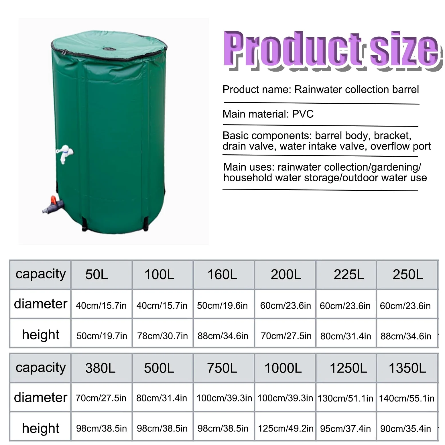 Sistema portátil de recolección de agua de lluvia de 50 litros, tanque de almacenamiento de agua con filtro, colector de bajante plegable para jardín, exterior, césped (verde)