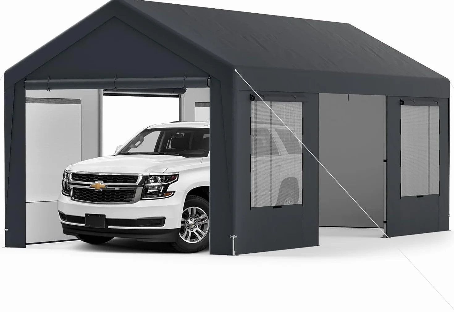 COSTWAY Garaje Exterior para Coche 5,95 X 3 m, 8 Paredes Laterales Desmontables, Puertas Enrollables, Ventanas Ventiladas, Carpa para Garaje para SUV Camión
