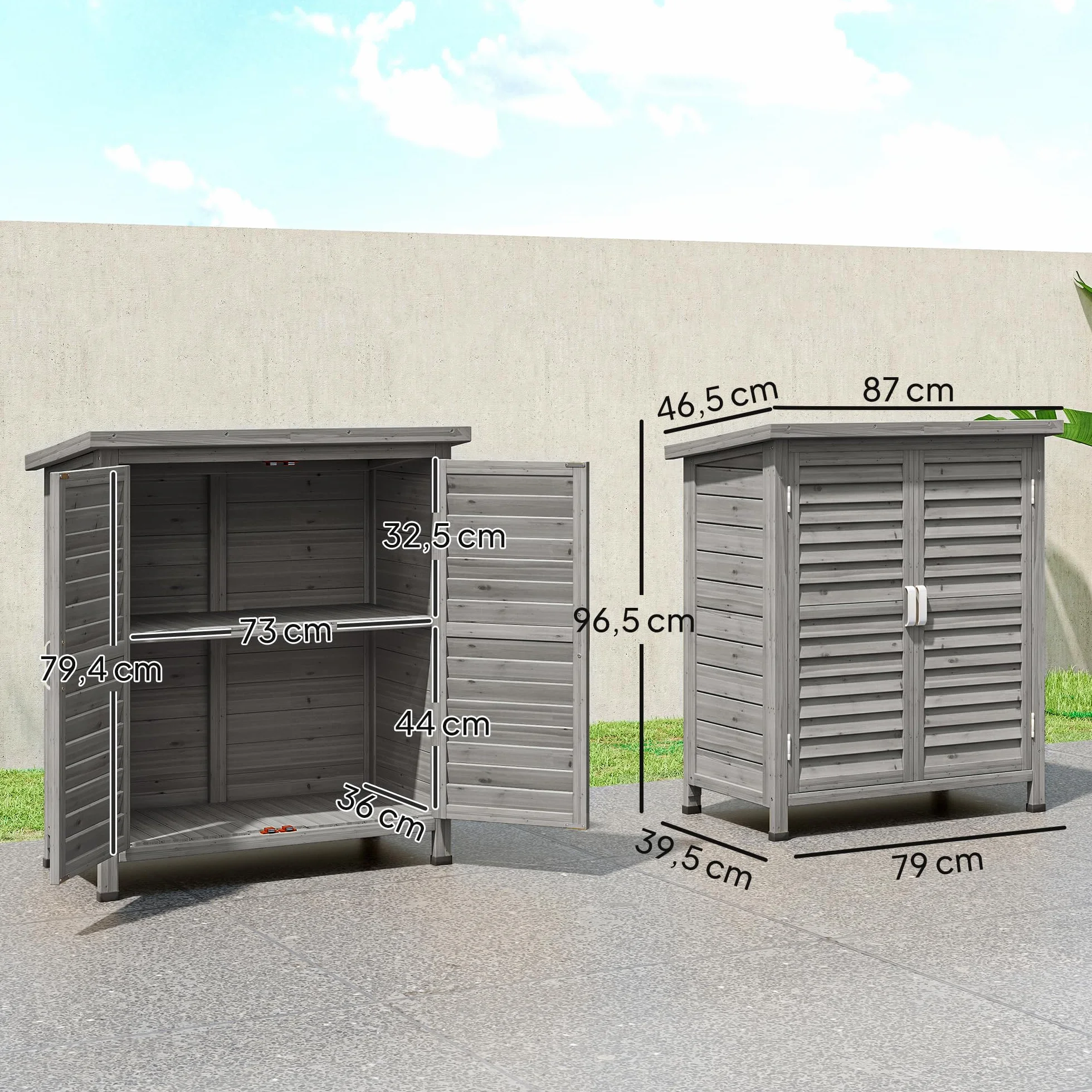 Outsunny Cobertizo de Almacenamiento de Madera para Jardín con 2 Estantes Interiores 2 Puertas y Techo Inclinado para Exterior Terreza 87x46,5x96,5 cm Gris