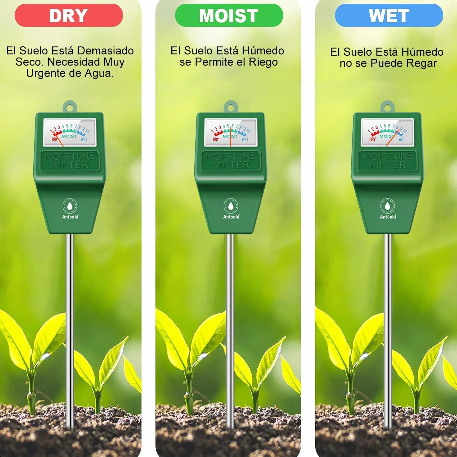 Antonki 2 Piezas Medidor Humedad Plantas, Higrometro Plantas de Suelo, Monitor de Riego de Flores para Plantas de Interior y Exterior, No se Necesitan Baterías