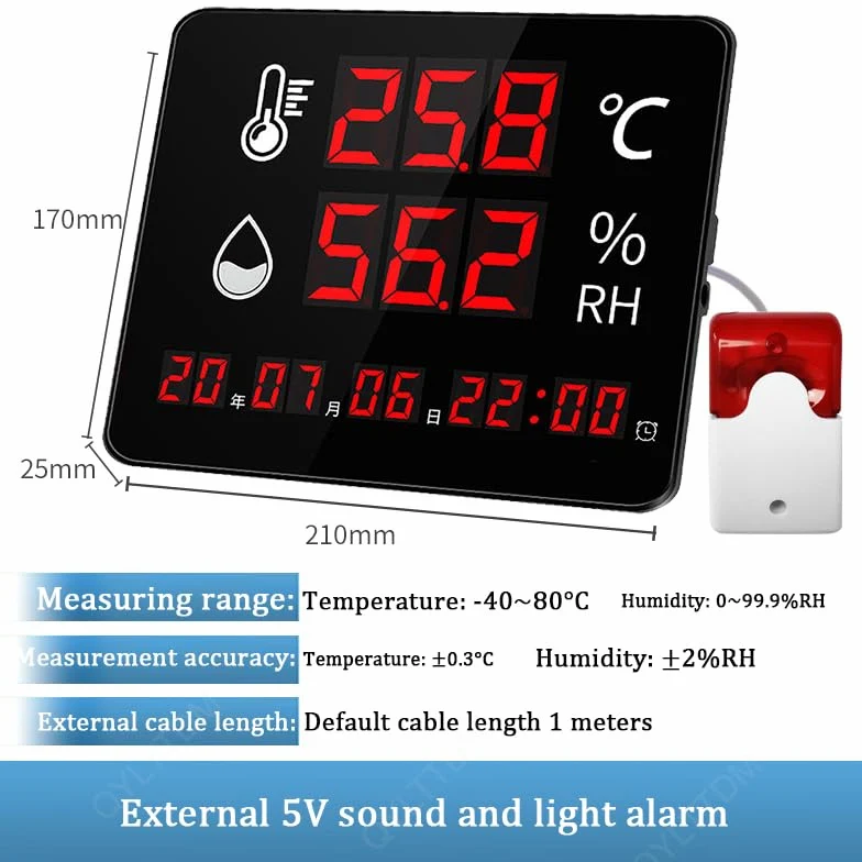 Higrómetro digital con pantalla LED, monitor de humedad de temperatura de alta precisión con alarma para uso industrial