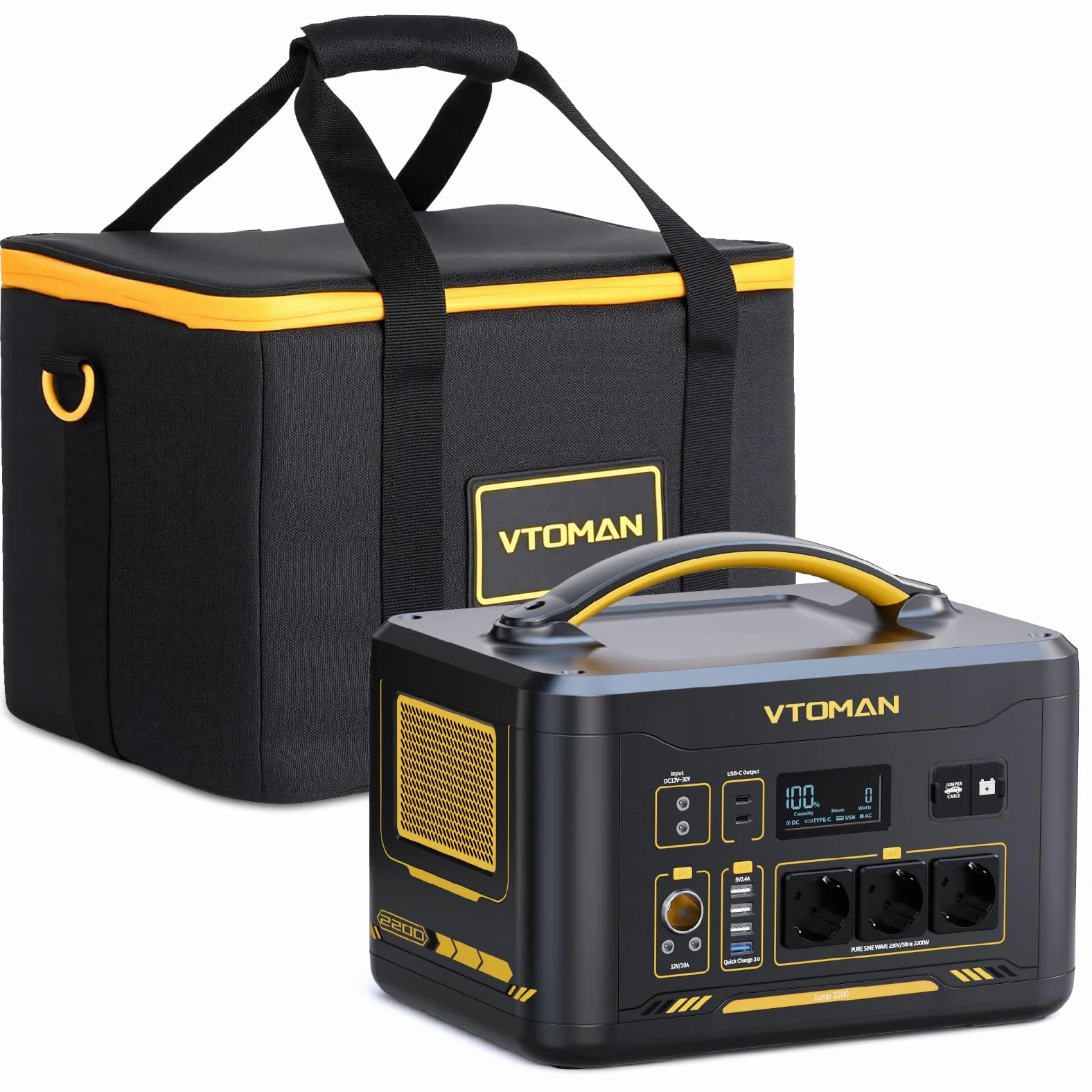 VTOMAN Jump 2200 Estación de Energía Portátil con Bolsa de Almacenamiento | 1548Wh Generador Solar (Pico 4400W), 100W Tipo C, 3 CA de 2200W, LiFePO4 Batería, para Acampadas, Hogar y Caravana