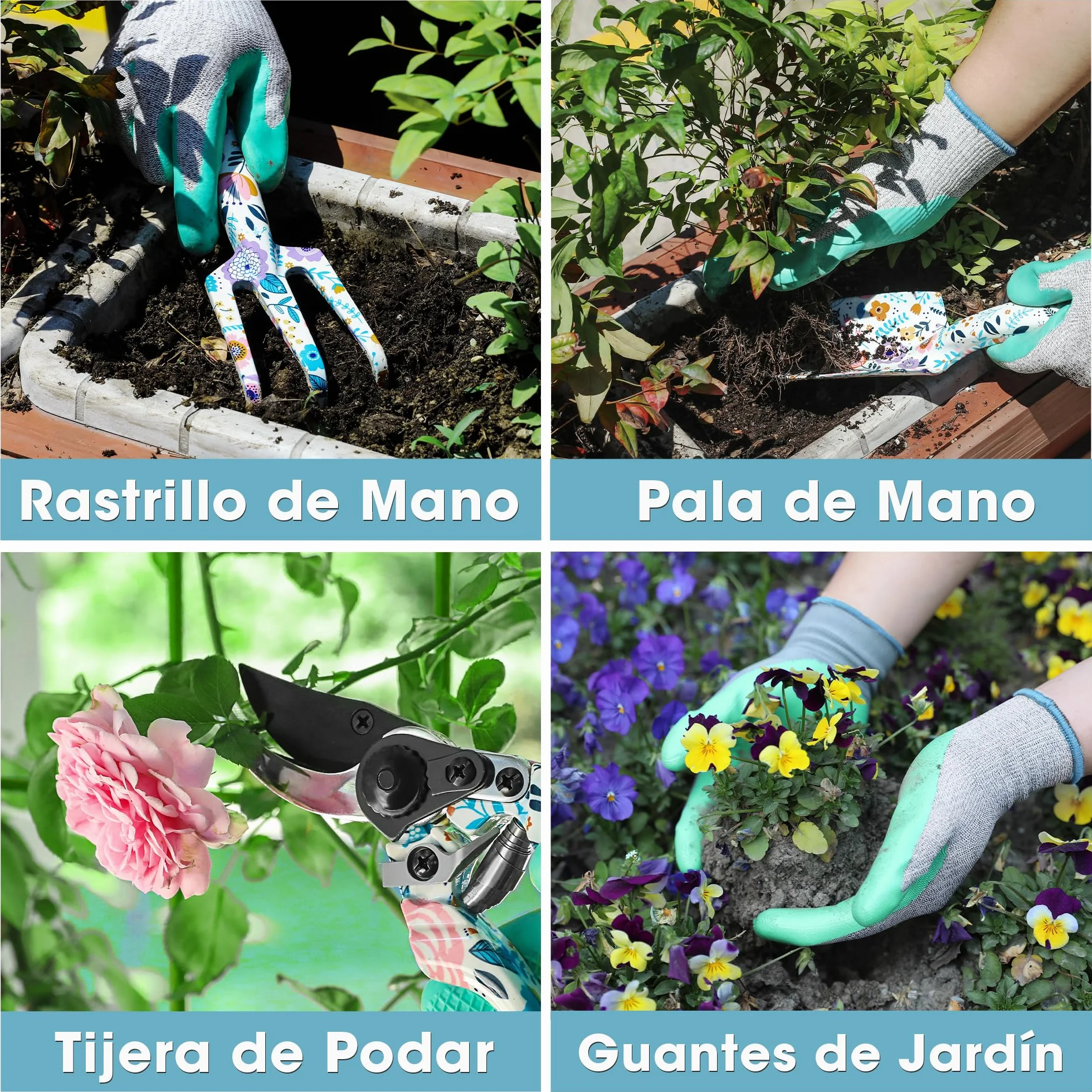 WORKPRO Herramientas Jardineria 4PC, Juego de Herramientas para Jardín con Rastrillo, Pala de Mano, Tijeras de Podar, Guantes, Estampado Floral