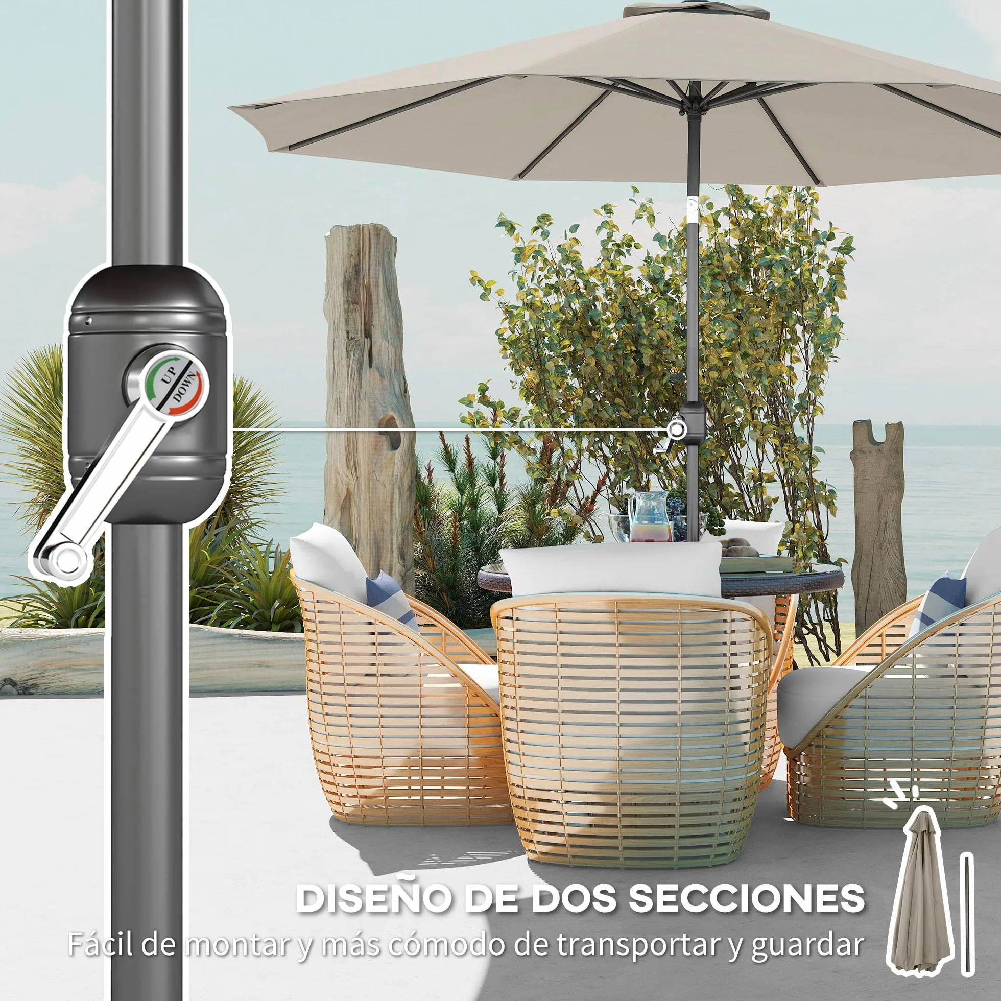 Outsunny Sombrilla de Jardín Ø300x250 cm con Manivela Parasol Exterior con Mecanismo de Inclinación y Poste Desmontable de Metal para Terraza Piscina Patio