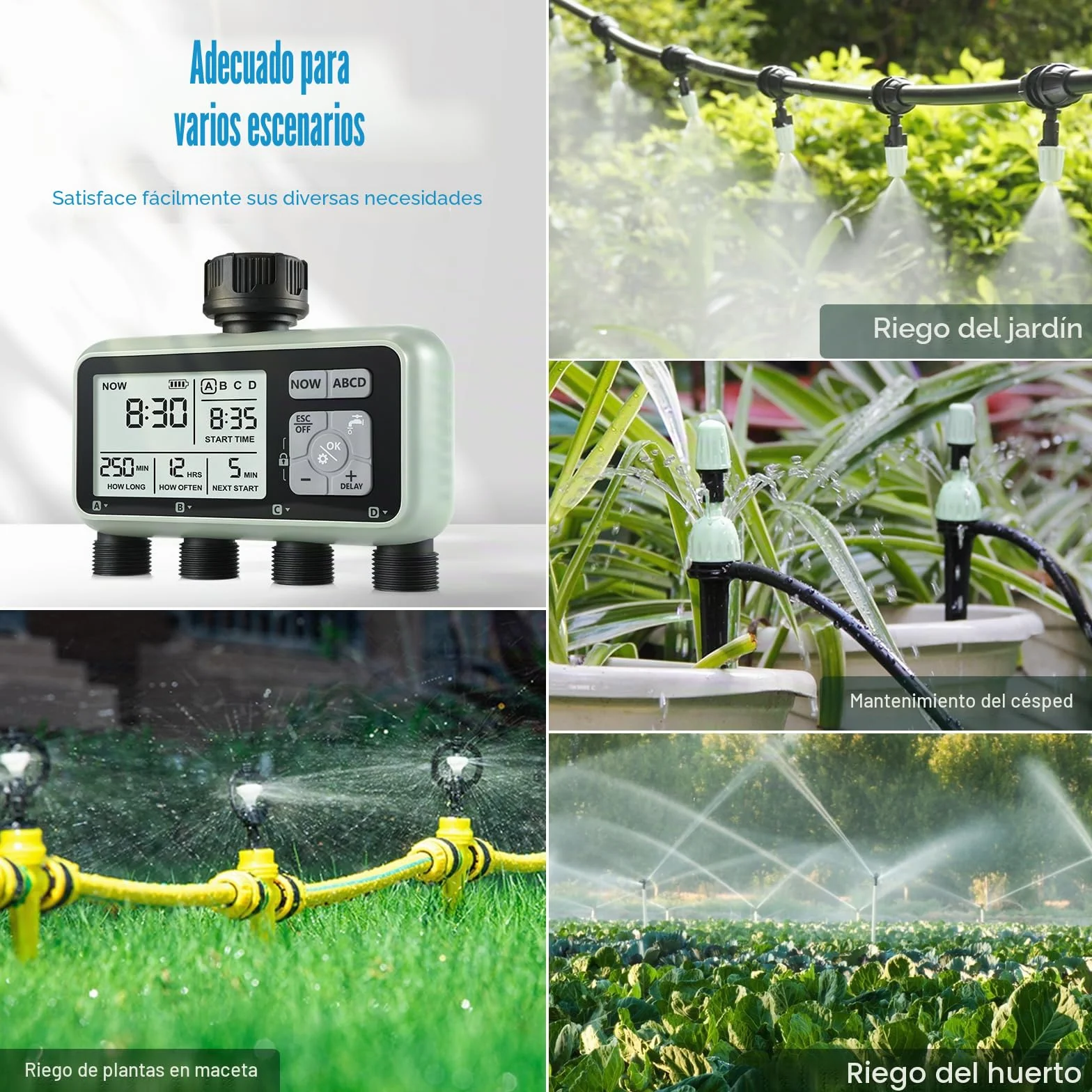 CROSOFMI Programador Riego Automatico Jardin Temporizador Riego con 4 Salidas Independientes Pantalla LCD/Operación fácil/Bloqueo para niños/Retraso por Lluvia intensa/Riego Manual