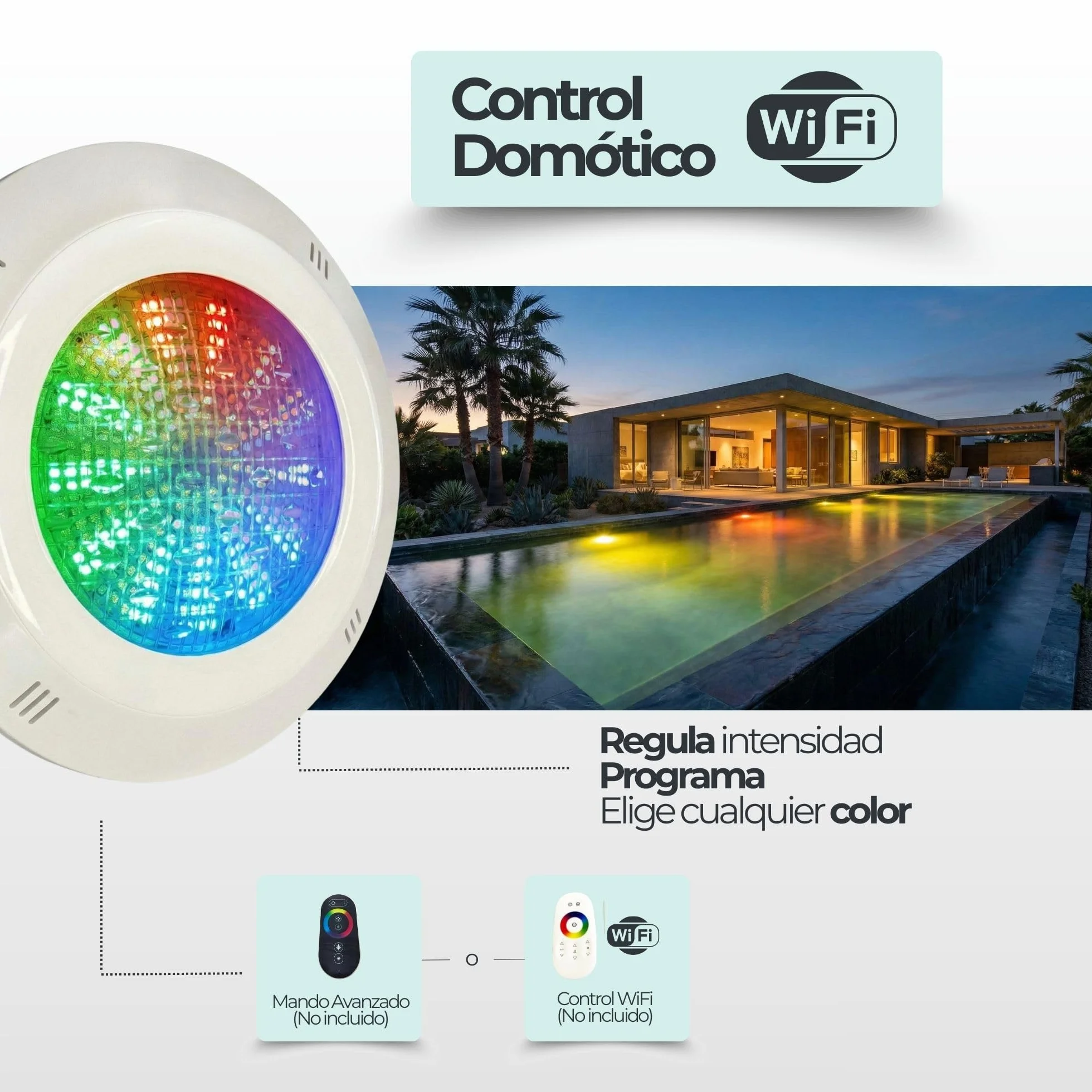 SWIMHOME Foco LED Piscina RGB Superficie 18W 12V DC 4 Hilos IP68 Sincronizable Ø29cm Requiere Controlador