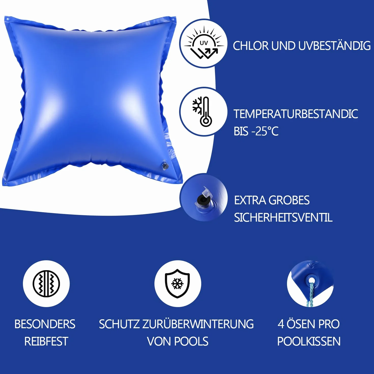 Cojín de piscina de invierno para piscina, cojín de aire de 120 x 120 cm, cojín de invierno con válvula de seguridad, con cuerda de 8 m para la mayoría de tipos, cojines de piscina, cojín