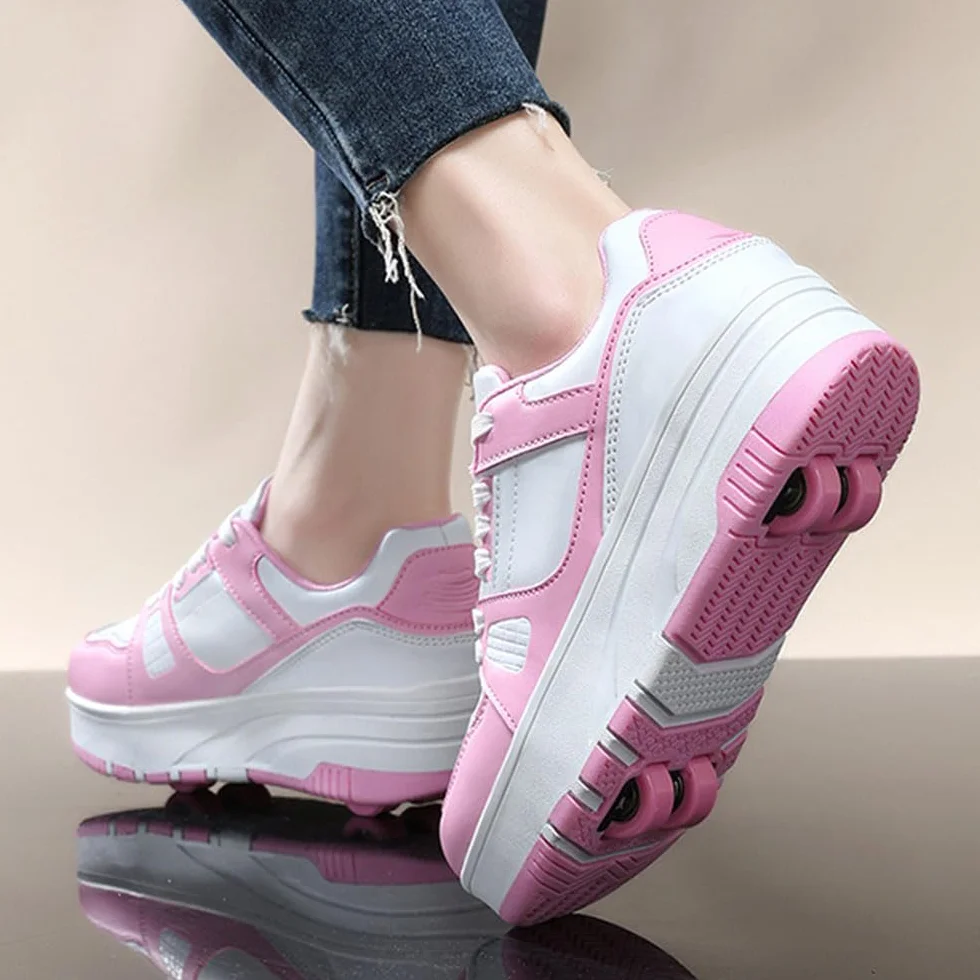 ENEN Zapatos con Ruedas para Niños y Niñas, Zapatillas de Patinaje Multifuncionales Rosa Blanco/Negro Blanco