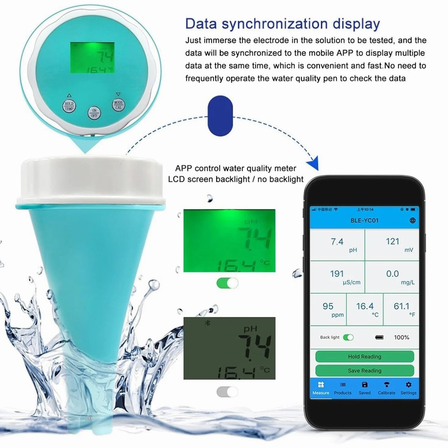 6 en 1 Probador agua con Bluetooth,comprobador PH/ORP/EC/TDS,comprobador cloro residual temperatura,comprobador agua monitor piscina inteligente flotante inalámbrico, for jardín/piscina/acuario