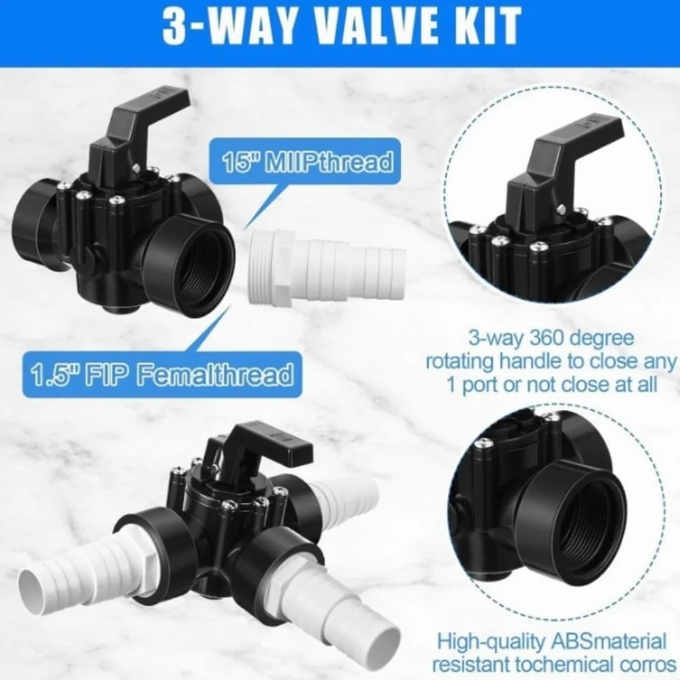Zoegneer Adaptador de manguera de válvula desviadora de piscina de 3 vías para puertos de 1/4 pulgada o 1/2 pulgada, adaptador de manguera de plástico para circulación y filtración eficiente en