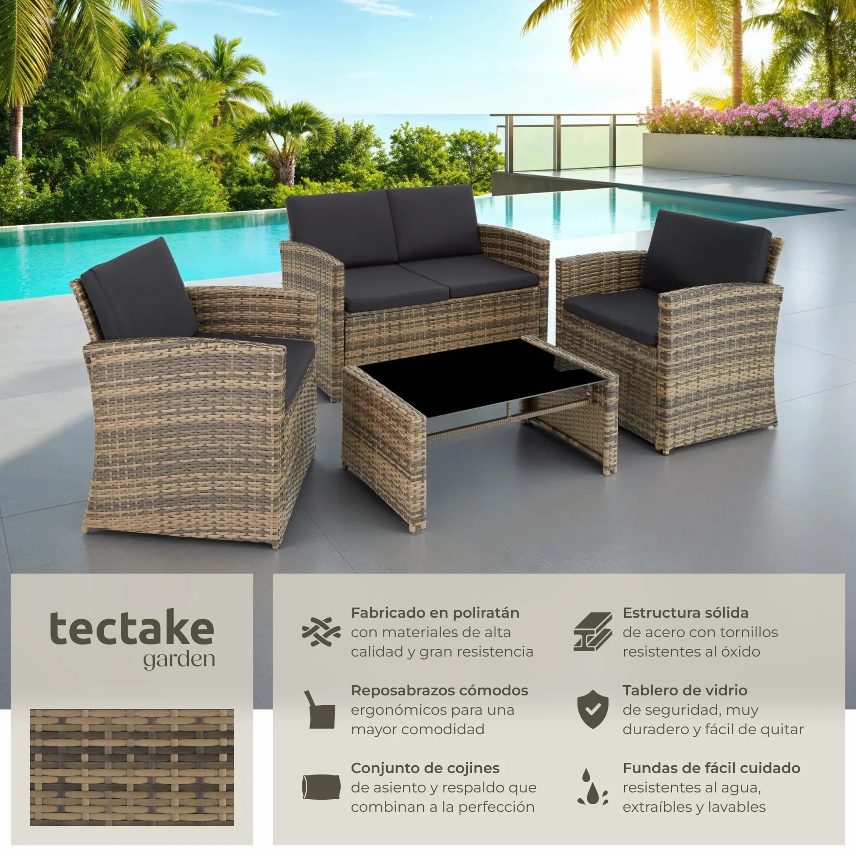 tectake® Conjunto Jardín de Ratán y Acero, Muebles Jardín Exterior, 2 Sillones 1 Sofá 1 Mesa con Cristal, Conjunto Terraza Resistente a Intemperie, con Cojines, Fundas Extraíbles - natural/gris oscuro