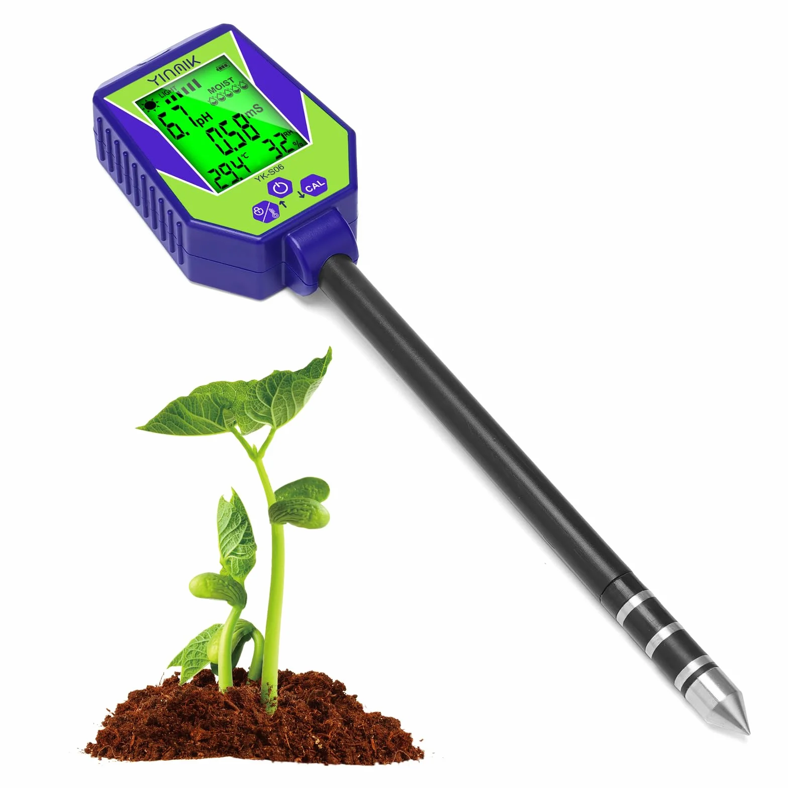 YINMIK Medidor de pH del suelo 6 en 1, medidor inteligente de humedad, conductividad y salinidad, y analizador de calidad del agua. Kit de prueba de pH del suelo ideal para jardines, granjas y bonsáis