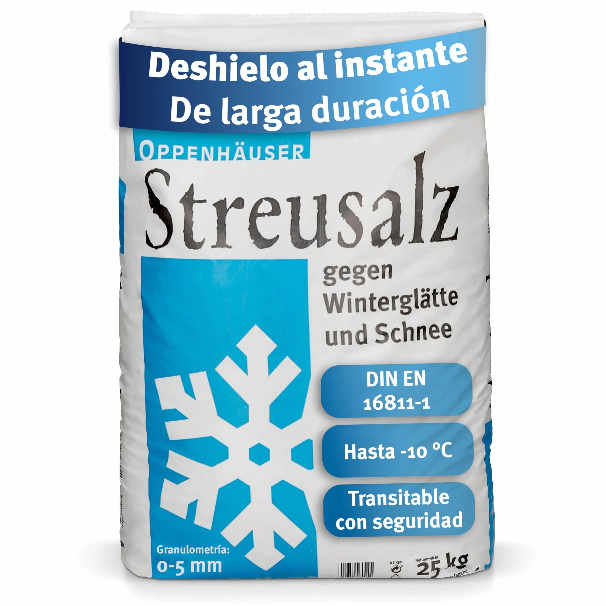 Sal para deshielo 25kg: deshielo inmediato y duradero, DIN EN 16811-1, sal para eliminar el hielo y la nieve, streu invernal para aceras, accesos y aparcamientos, grano M, de alta calidad