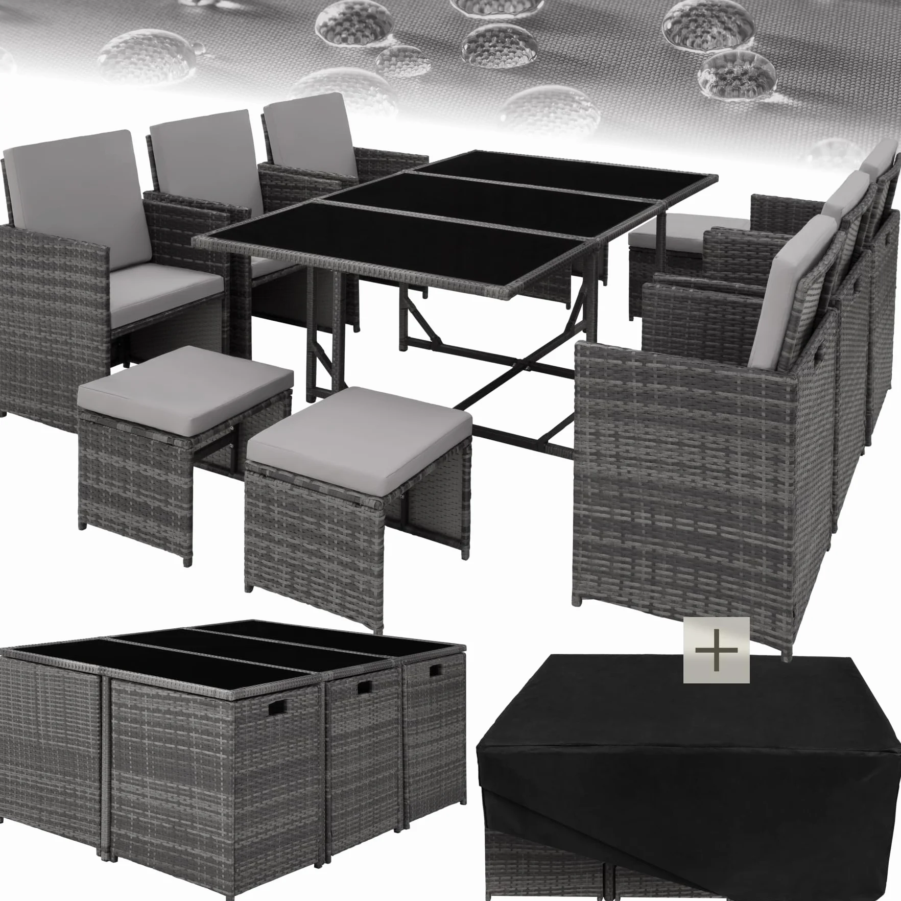 tectake® Conjunto Jardín Exterior de Ratán y Acero, Agrupable en Cubo, Muebles Jardín Exterior Resistente a la Intemperie, para 6-10 Personas, Fundas Extraíbles y Funda Protectora - Gris Claro