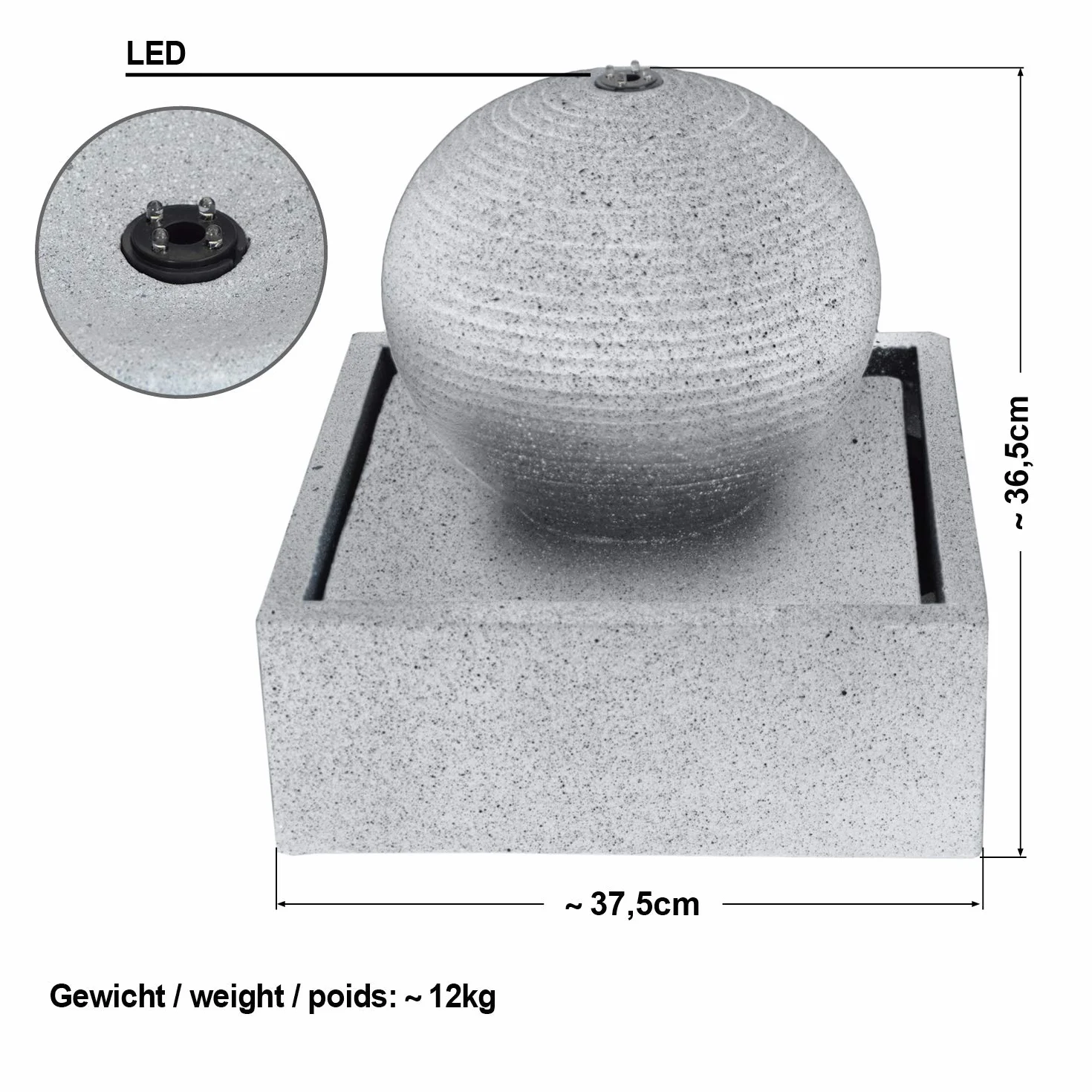 Fuente de Jardin Fuente de Agua esferica 230 V Fuente Decorativa para Jardin, terraza, Balcon con luz LED, Gris Claro