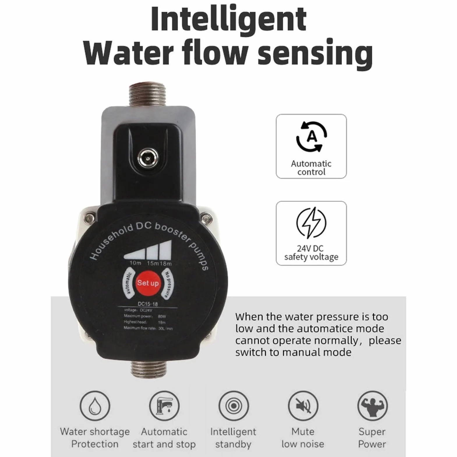 Bomba Elevadora de Presión de Agua Automática para Casa, 80 W de Baja Potencia y Presión Estable de 36,2 PSI, Interfaz NPT de 1/2 Pulgada, Diseño Seguro de bajo Voltaje (Enchufe europeo