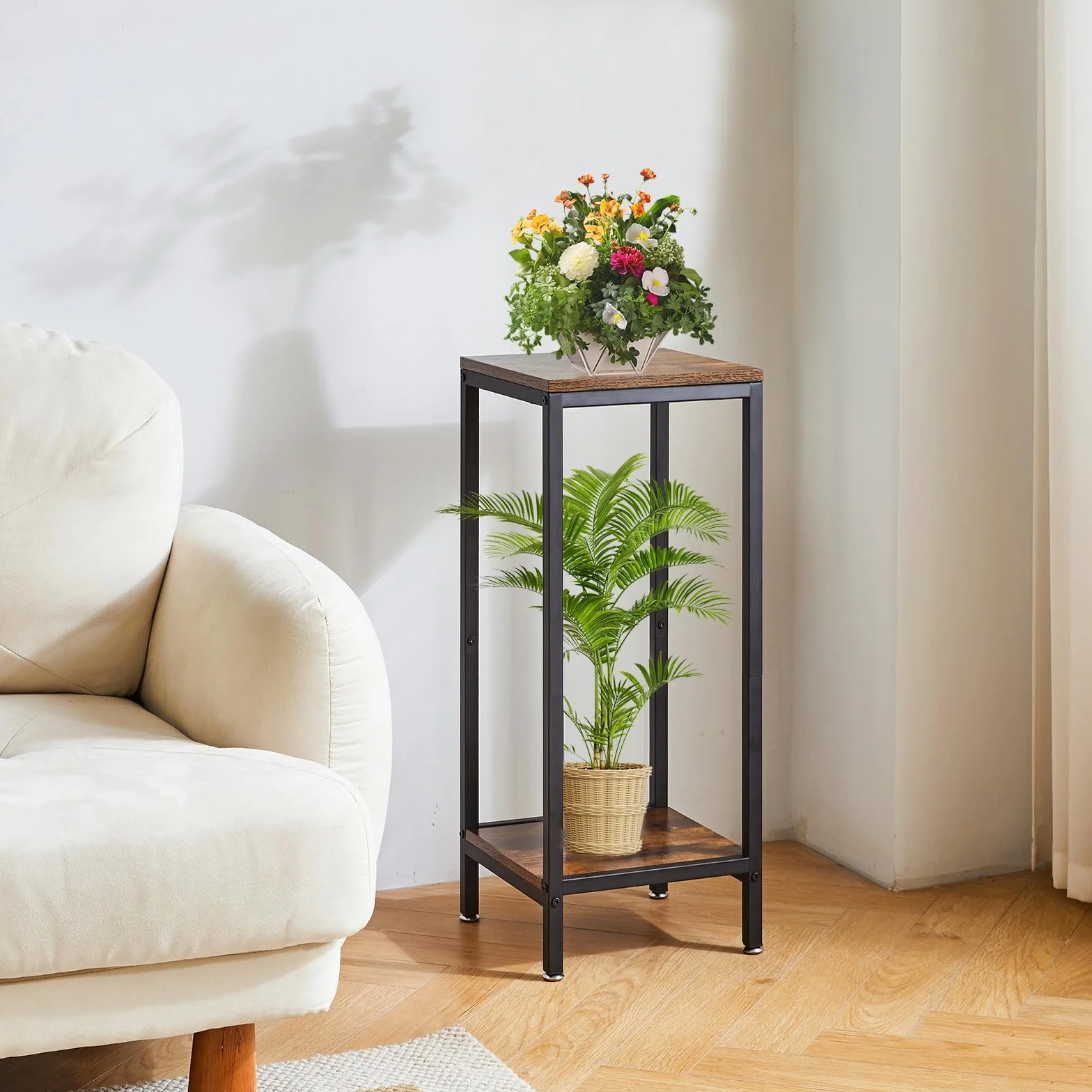 IBUYKE 2 Niveles de Soporte para Plantas para Interior, 76cm de Altura Soporte para Macetas de Madera, Cuadrado Soporte para Plantas para Interior Jardín Balcón, Marrón Rústico TMJ071H