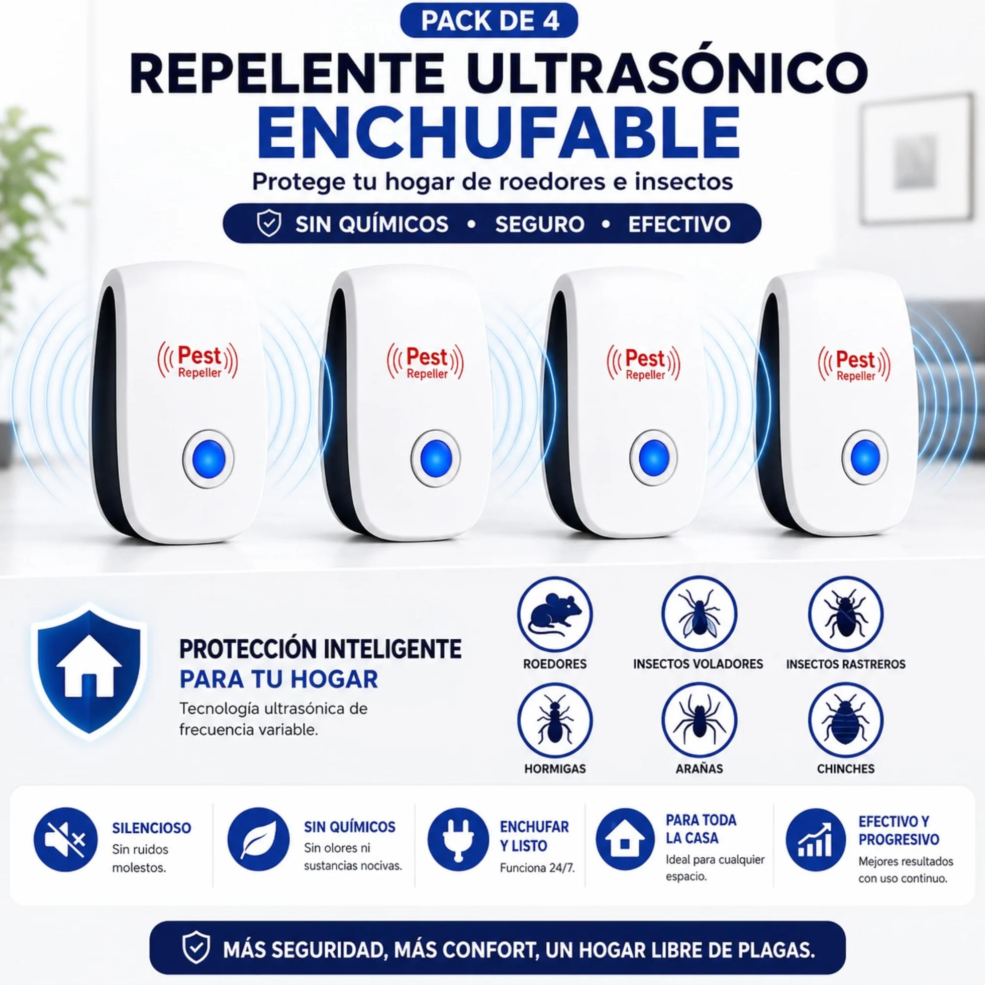 Ultrasonic Pest Repeller Plug-in 4 Pack – Repelente Ultrasonico para Ratas y Ratones, Anti Mosquitos y Moscas, Repelente de Insectos para Casa, Aparato Ultrasónico Silencioso, Sin Químicos Nocivos
