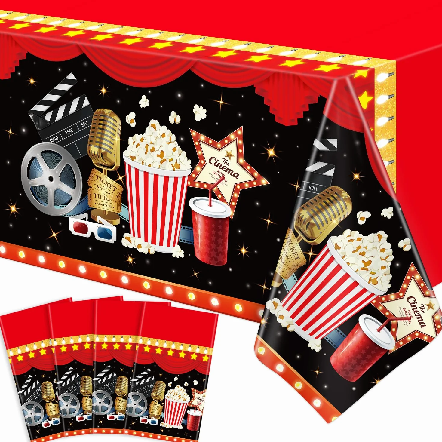 4 piezas de manteles de noche de película temática de cine decoraciones de fiesta alfombra roja manteles palomitas de maíz mantel entrega de premios se muestra ahora tema cumpleaños accesorios 130 x