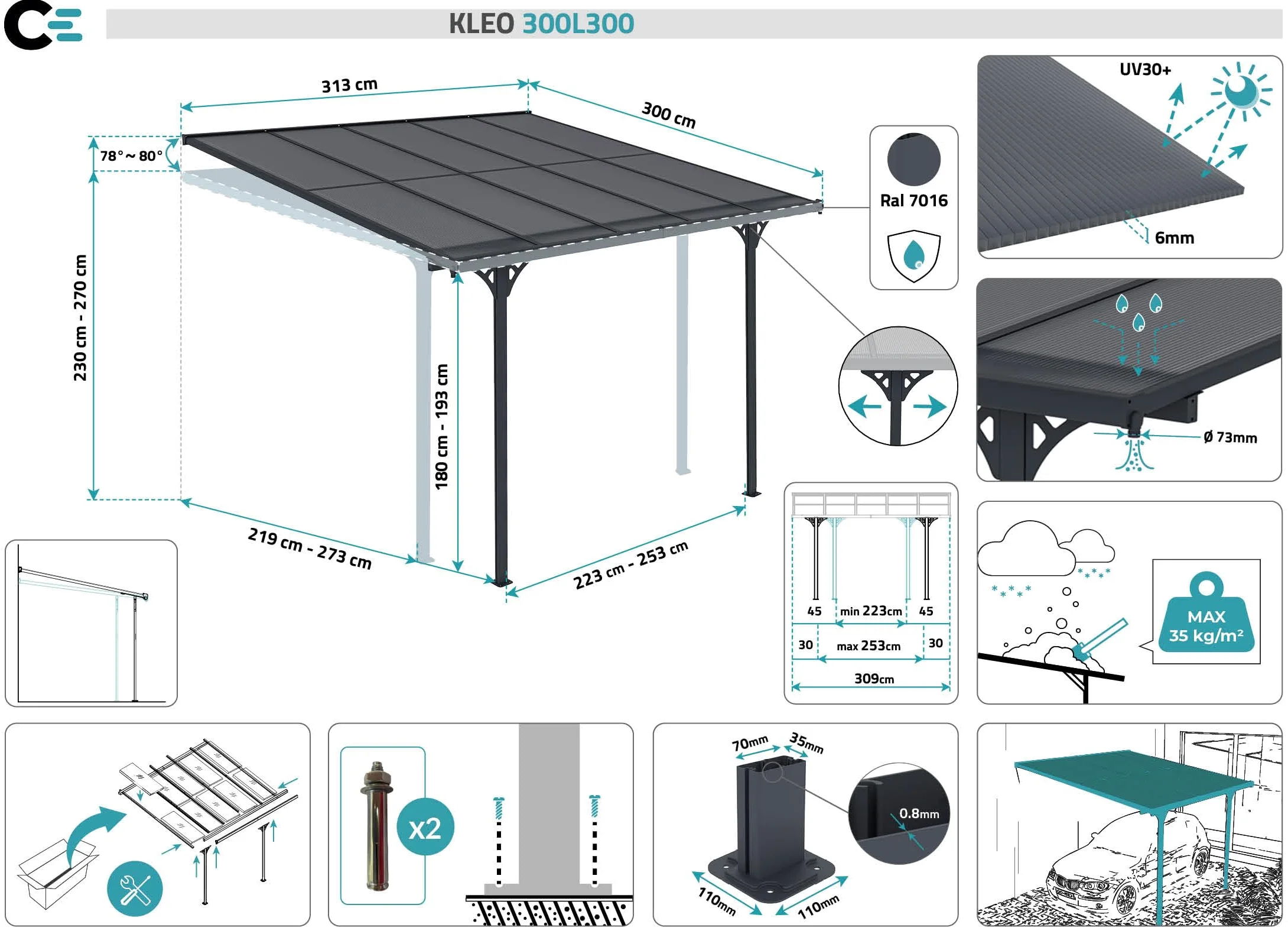 Cazeboo Pergola Adosada 3x3m Aluminio Gris KLEO
