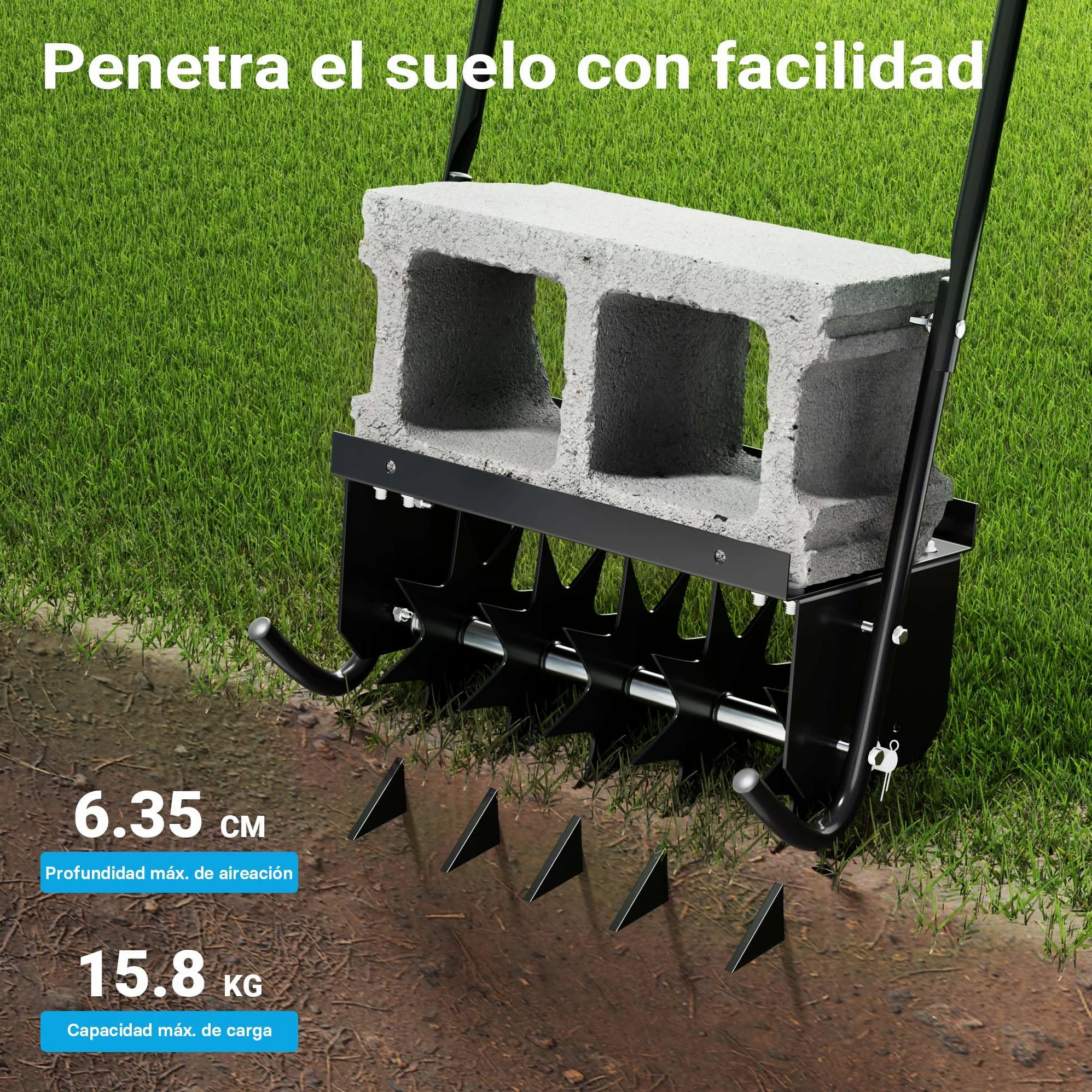 Wiltec Aireador de césped 40 cm ancho de trabajo 6,4 cm profundidad escarificador manual 5 discos púas acero