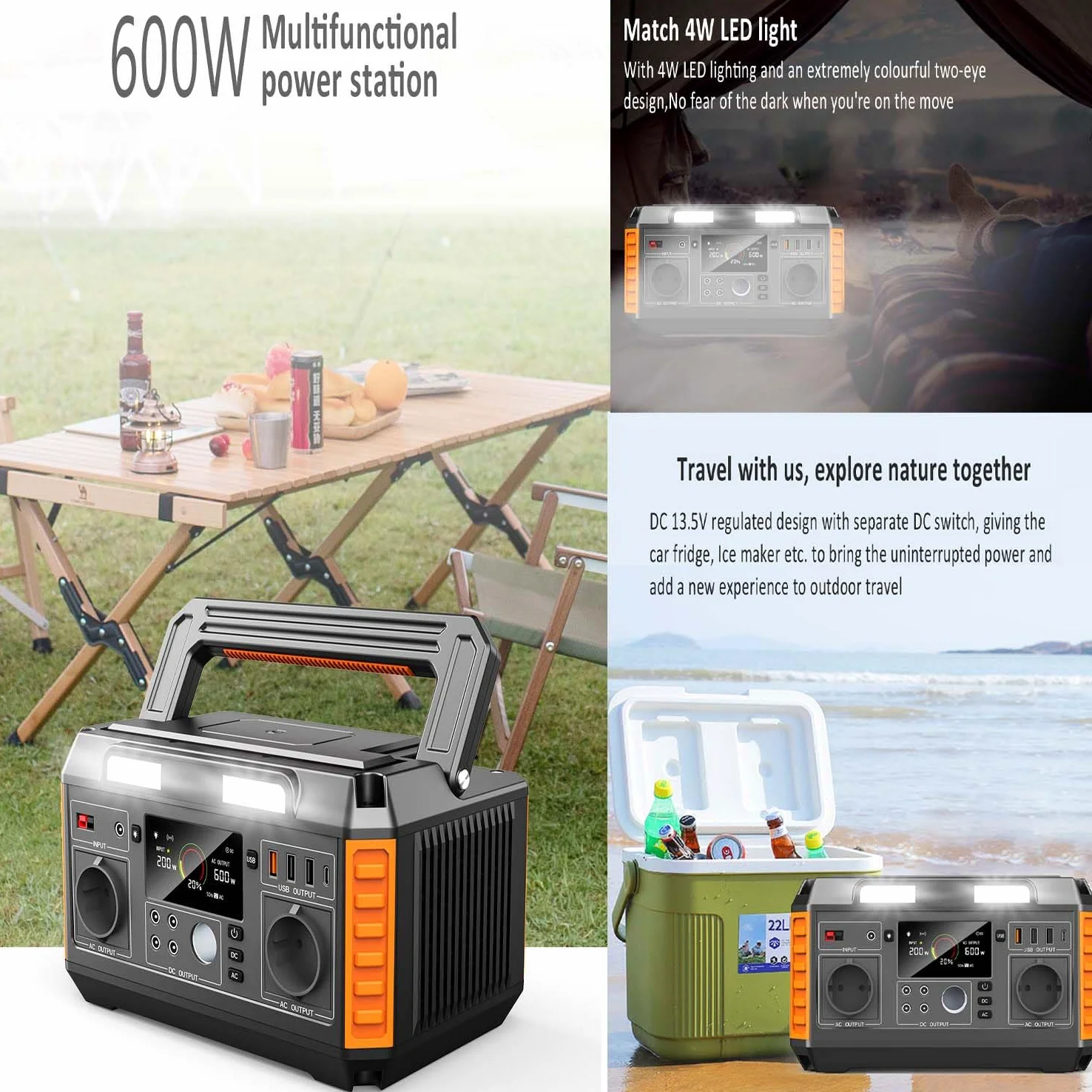 Generador Solar Portable Power Station 520WH 600W con Salida De Onda Senoidal Pura AC/DC Generador De Almacenamiento De Energía De Emergencia para Camping Batería 140400 Mah