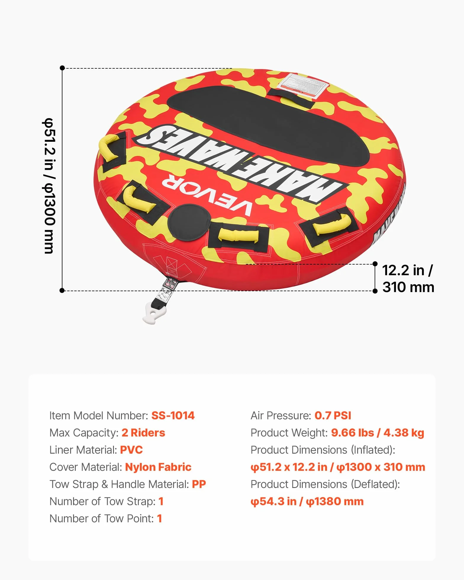 VEVOR Flotador de Arrastre Inflable 130 cm, Remolcable Carga 154 kg para 2 Personas, Cubierta de Nailon, Almohadilla Antideslizante, Rojo