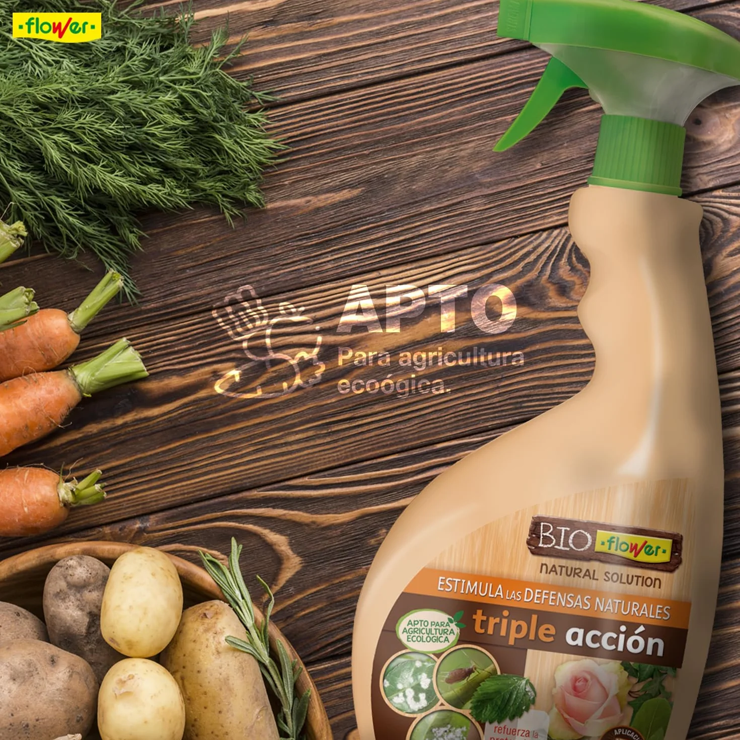 BioFlower - Triple Acción Ecológico 750 ml | Insecticida, Fungicida y Secante | Boro y Extractos Vegetales Biodegradables | Apto Agricultura Ecológica | Listo Para Usar