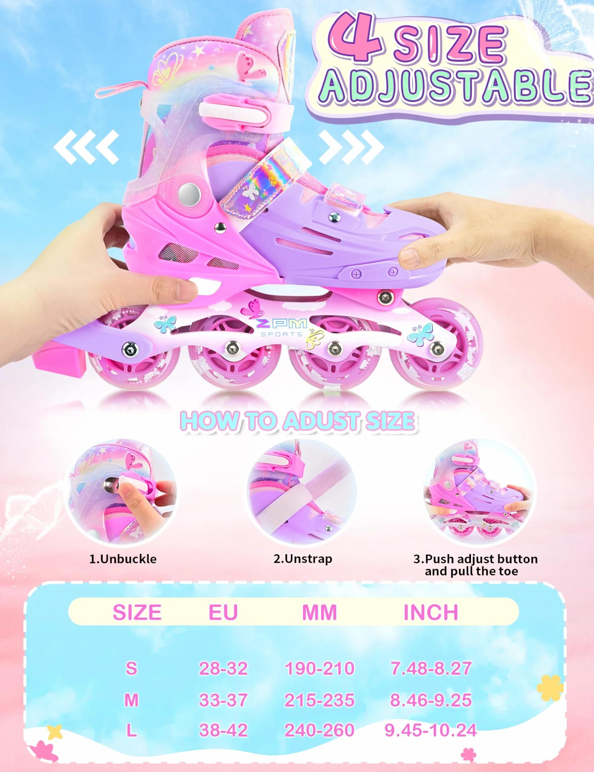 2PM SPORTS Patines en Línea Rosa Violeta Ajustables para Niñas Principiantes