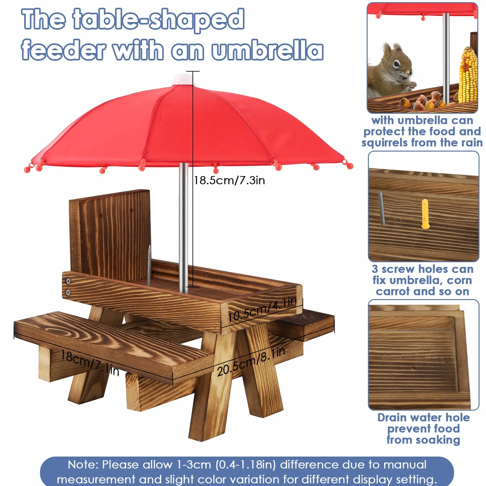 Comedero de ardillas de madera para exteriores, divertido mesa de alimentación para ardillas con un paraguas para jardín, patio, árbol