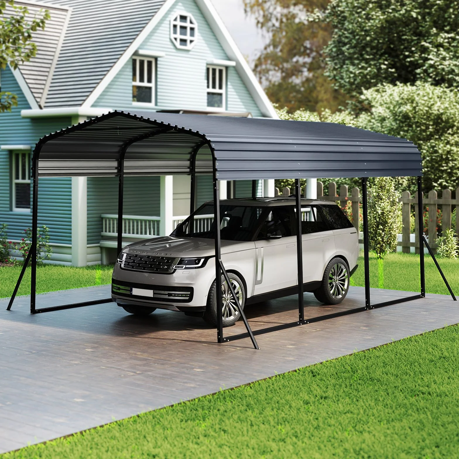 GOPLUS Cobertizo de Coche de Metal, 440 x 300 x 250 cm, Refugio de Vehículo con Techo Duro, 4 Patas Inclinadas y Anclajes de Fijación para Exteriores, Carpa Al Aire lIbre para Camiones, Tractores, Suv
