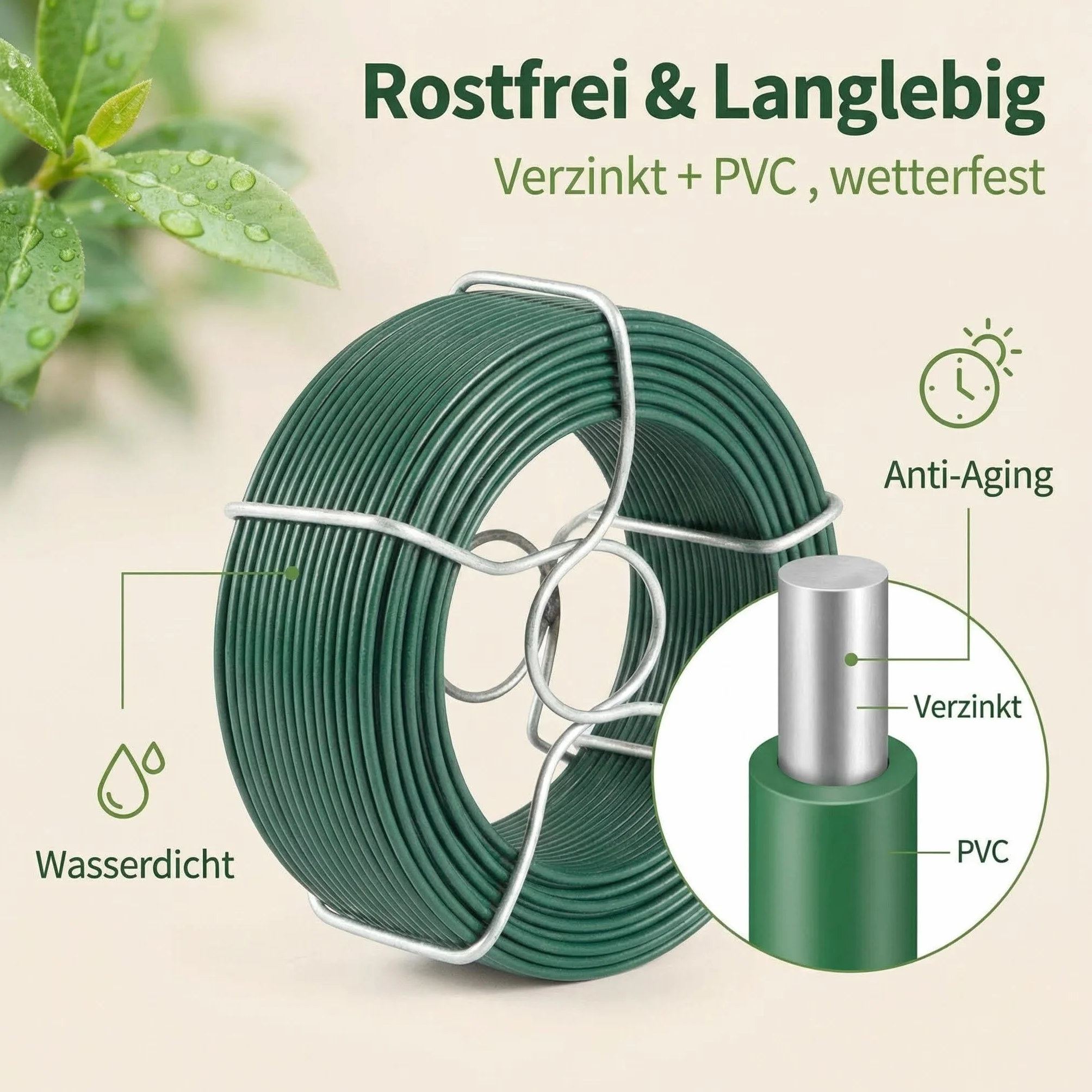 Amagabeli Alambre de Hierro Plastificado Ø0.95mm x 50m, 6 Rollos de Cable Revestido para Jardín y Cercados, Inoxidable de PVC Verde
