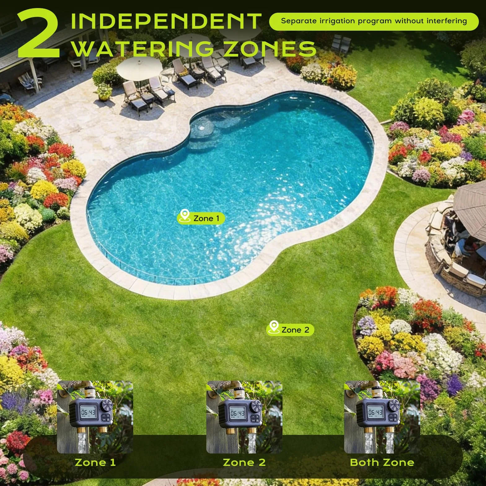 Programador de Riego 2 Salidas, IPX5 Impermeable Temporizador Riego con Entrada y Salida de Latón, Retardo por Lluvia, Riego Automático y Manual, Programador Riego a Pilas para Jardín Césped