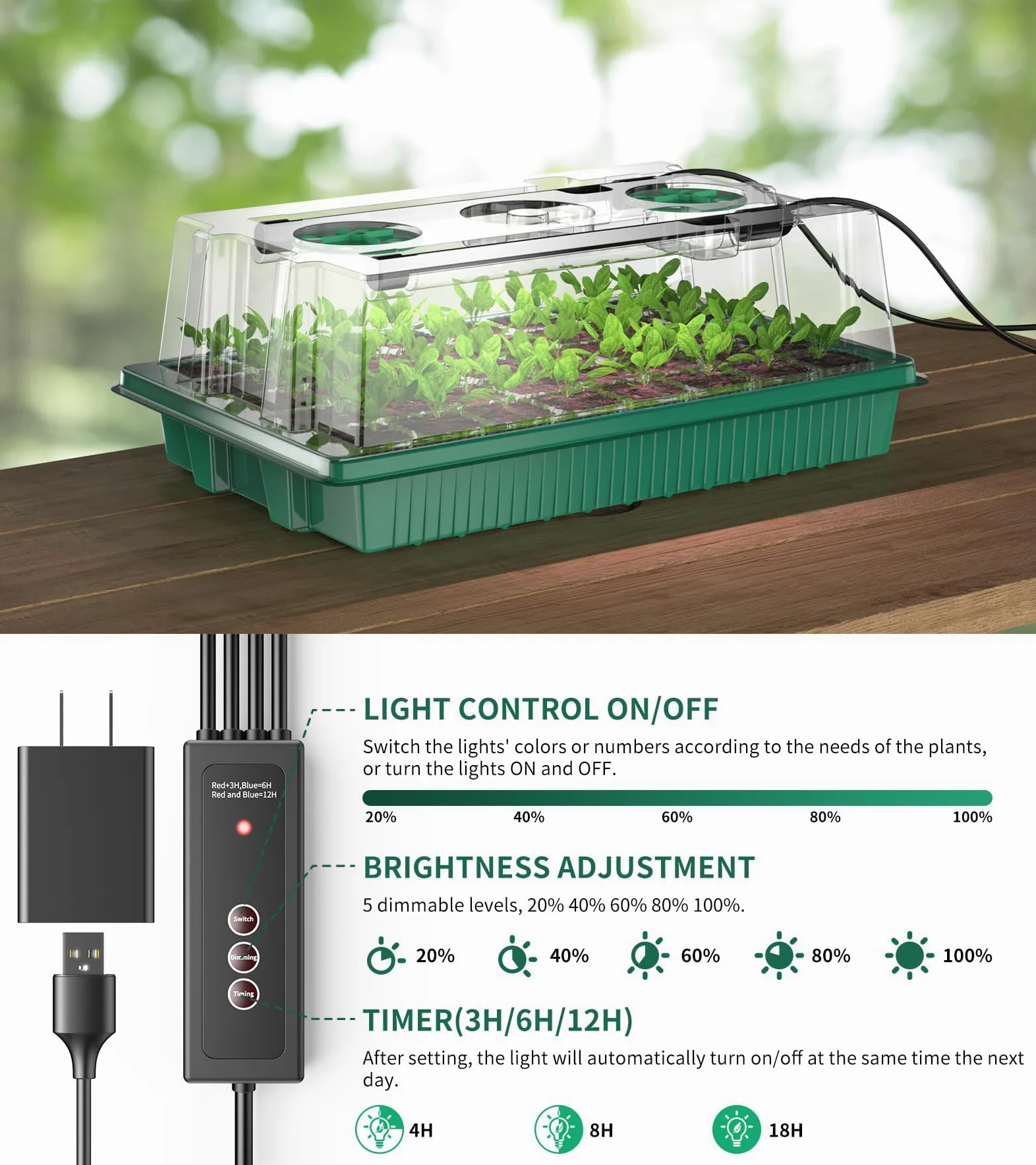 Bandeja de inicio de semillas, 80 celdas, bandejas de inicio de plántulas con luz de crecimiento y cúpula de humedad, kit de germinación de semillas reutilizable para jardinería en interiores