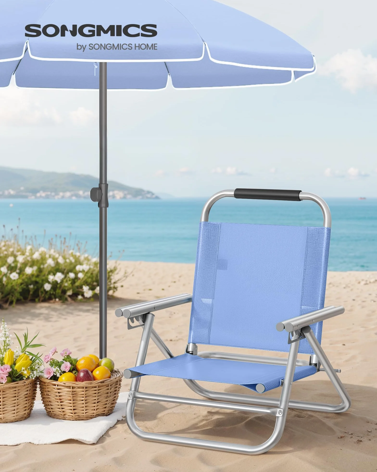 SONGMICS Silla de Playa, Plegable, Portátil, Respaldo Ajustable en 4 Niveles, con Reposabrazos, Transpirable y Cómoda, Taburete de Exterior, Azul GCB65BU