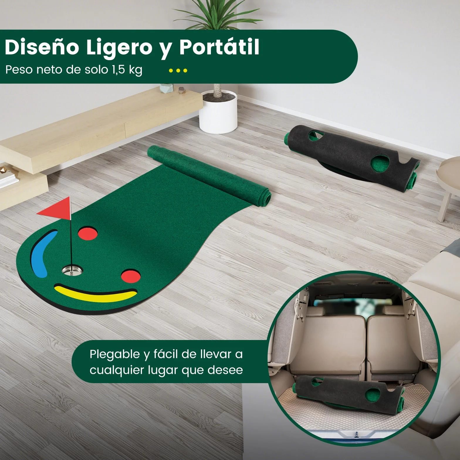 COSTWAY Alfombra de Putting de Golf 300x96 cm Mini Golf con 3 Tazas Bandera y Cubiertas