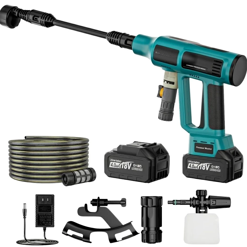 Limpiador de alta presión con batería de 700 psi, compatible con baterías Makita de 18 V, limpiador de alta presión portátil con 2 baterías de 4,0 Ah, boquilla 6 en 1, pulverizador de espuma, manguera