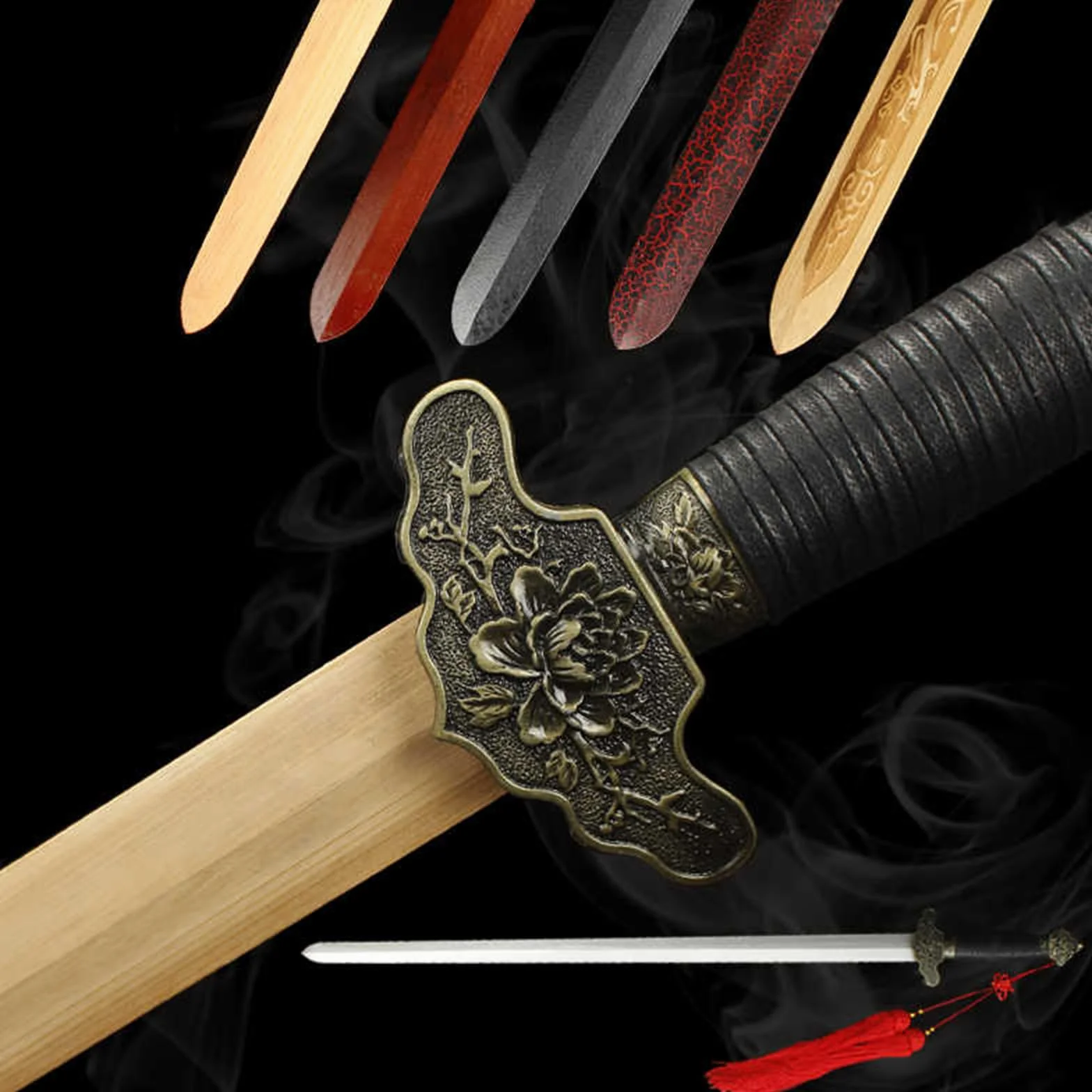 Espadas Tai Chi de Madera con Flores de Peonía, Espada Entrenamiento de Bambú Natural con Vaina, Katana de Madera, Bokken Hecho a Mano 103cm para Cosplay y Artes Marciales