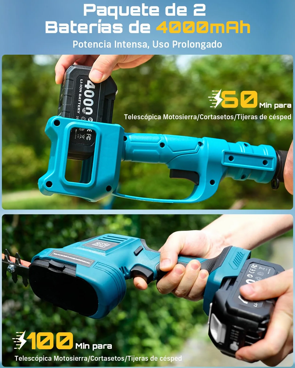 SEESII 6-en-1 Mini Motosierra y Cortasetos a Batería, con 2 * 4000mAh Baterías, Motosierra Electrica con Pértiga Telescópica, Alcance Máximo de hasta 4,57 m, con 30 ml Tanque de Aceite