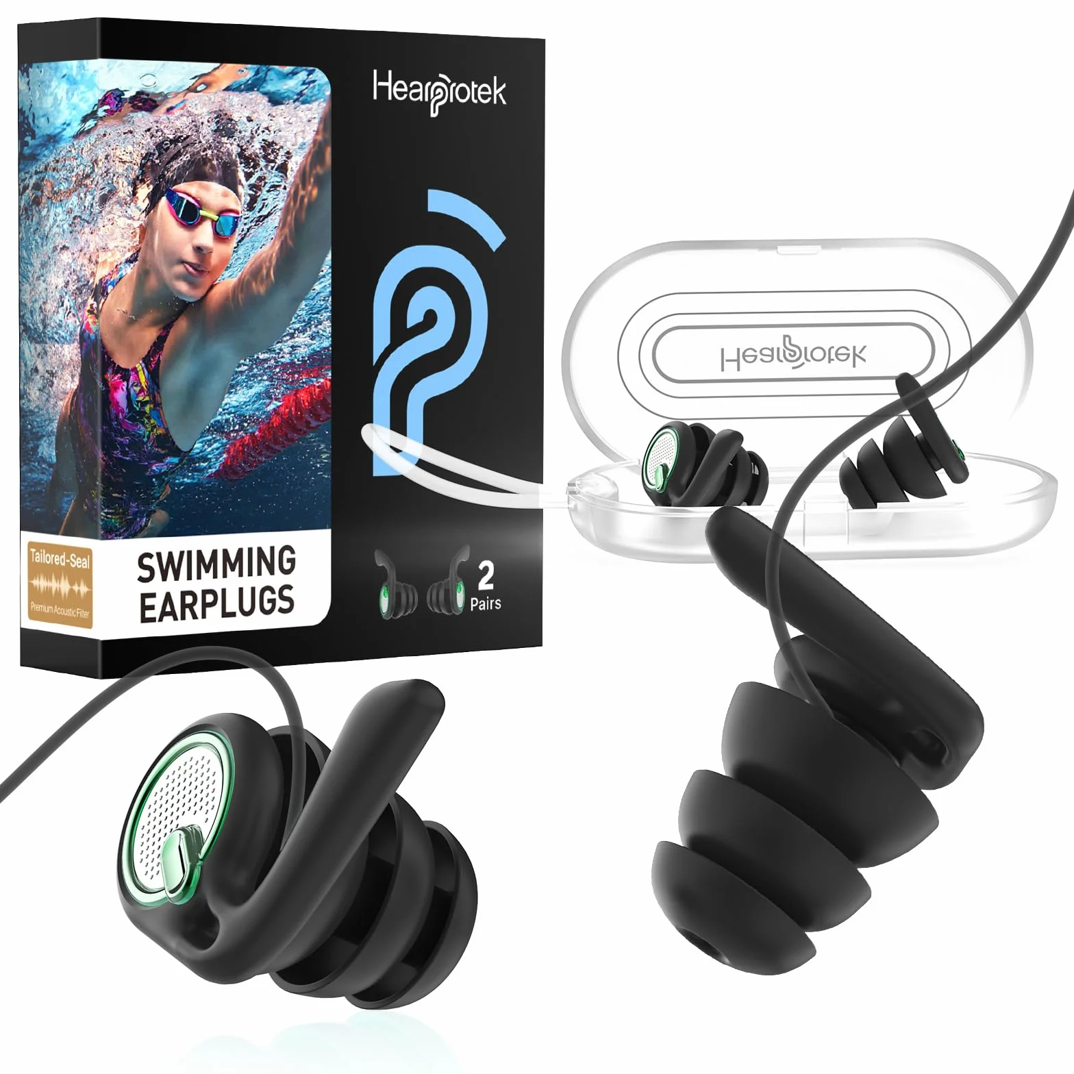 Hearprotek Tapones para los oídos natación adultos, 2 pares silicona reutilizables impermeables nadar surfear ducharse deportes acuáticos Negro