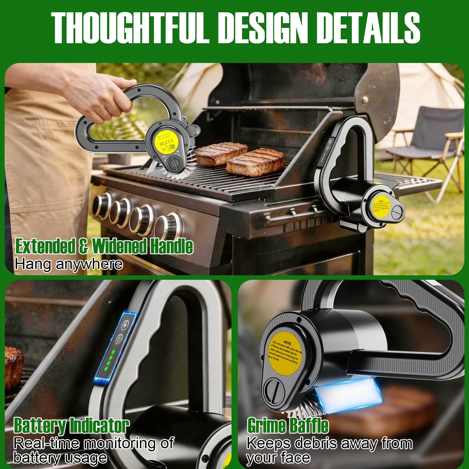 Cepillo eléctrico para parrilla al aire libre, limpiador de parrilla recargable de 4400 mAh con luz LED/pantalla, cepillo de limpieza inalámbrico de 150 minutos de tiempo de funcionamiento para