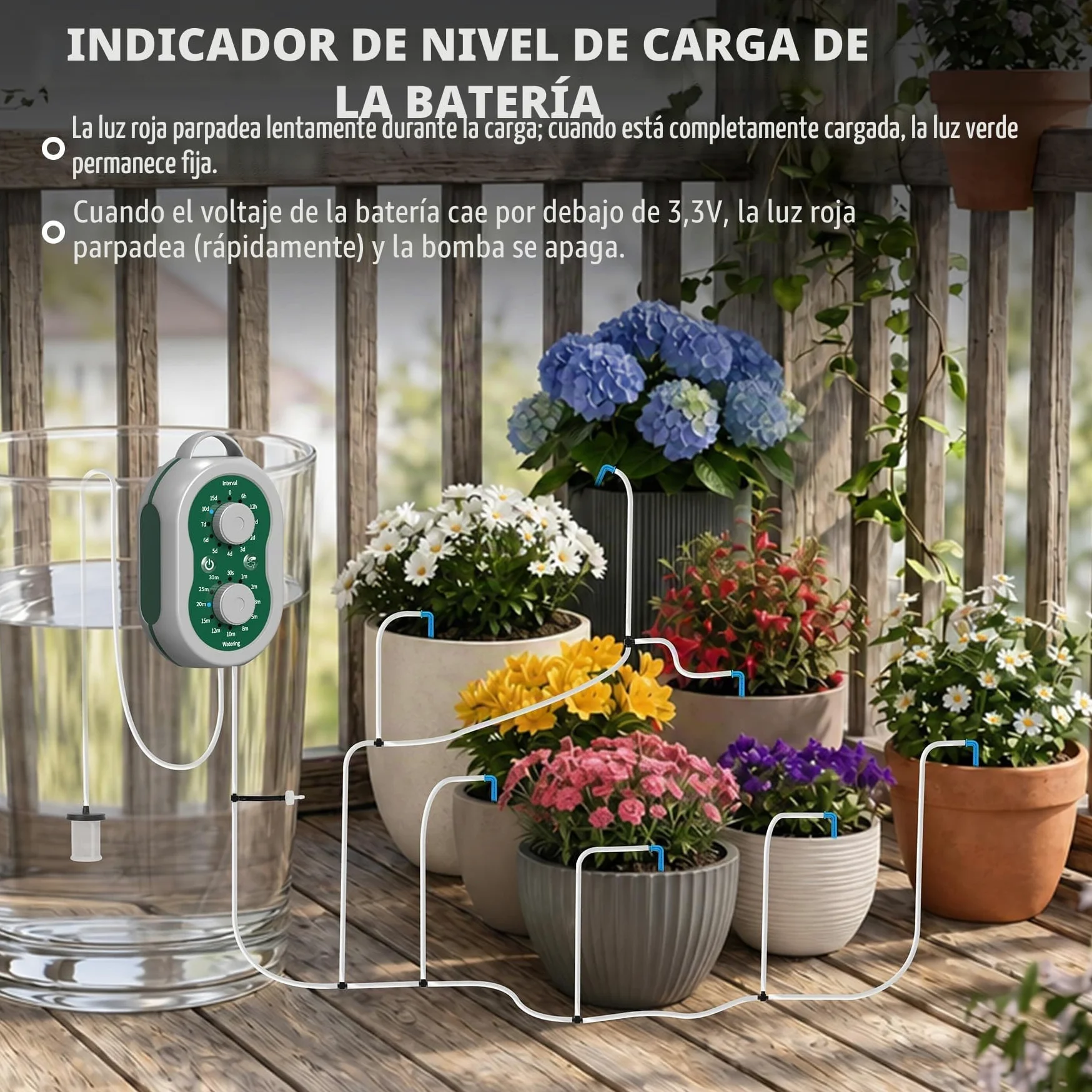 Kit Riego por Goteo Automático Recargable Sistema de Riego por Goteo 132 Modos para 15 Plantas, Sistema de Riego Automático de Plantas para Interior, Balcón, Invernadero, Jardín