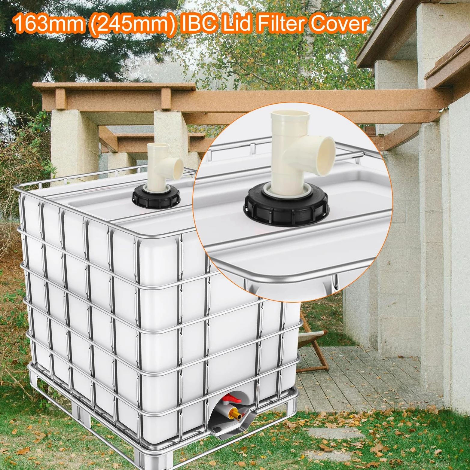 QUARKZMAN 163mm Tapa de Filtro de IBC, Adaptador de Manguera de Tote IBC de Plástico de 3 Vía para Contenedor de Tanque de Agua de Lluvia de 1000L para Tanque de Agua de 275gal, Negro/Blanco