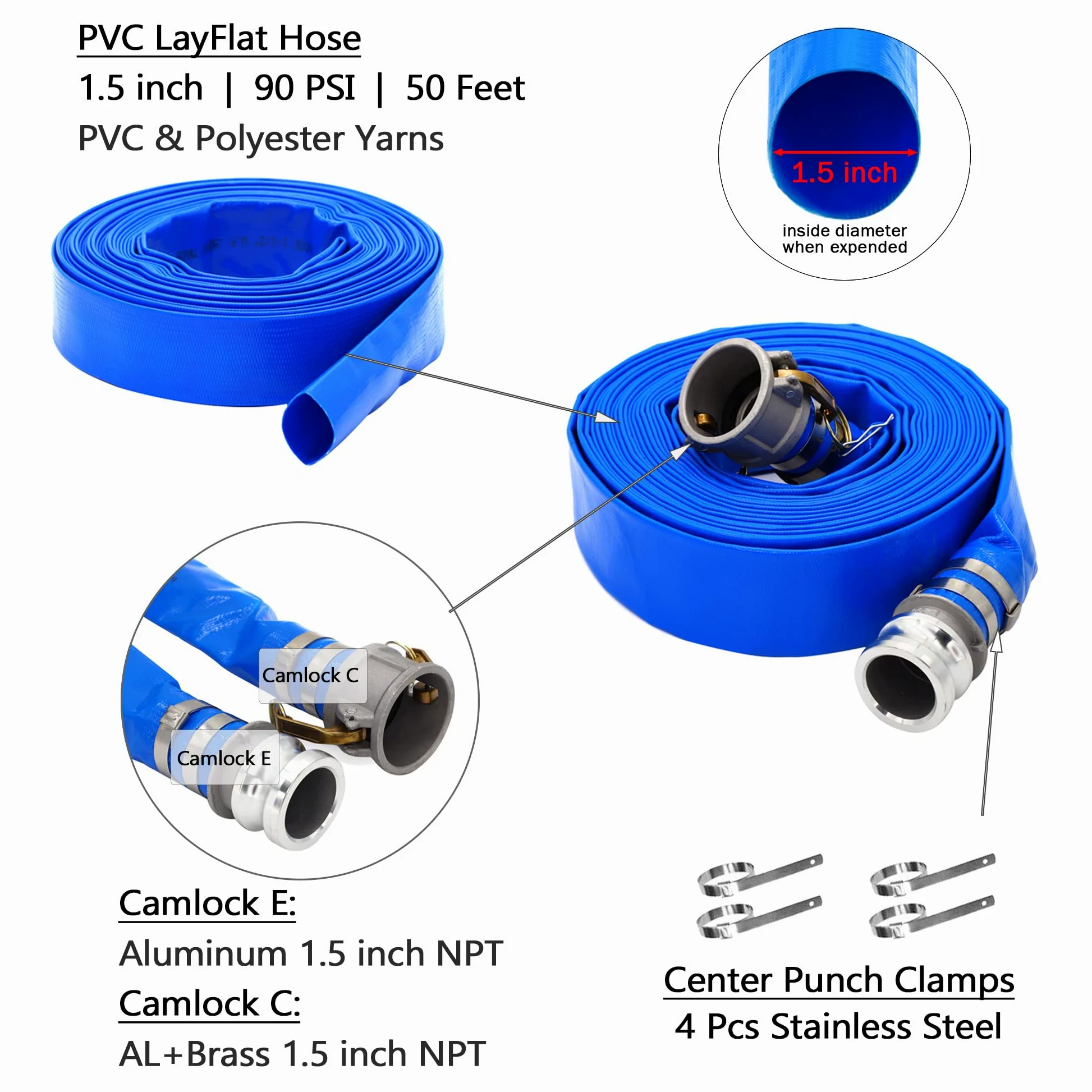 DAVCO Manguera de descarga plana de PVC de 1.5 pulgadas de diámetro interior x 50 pies, mangueras de retrolavado de piscina azul reforzadas resistentes para piscinas de drenaje, con accesorios Camlock