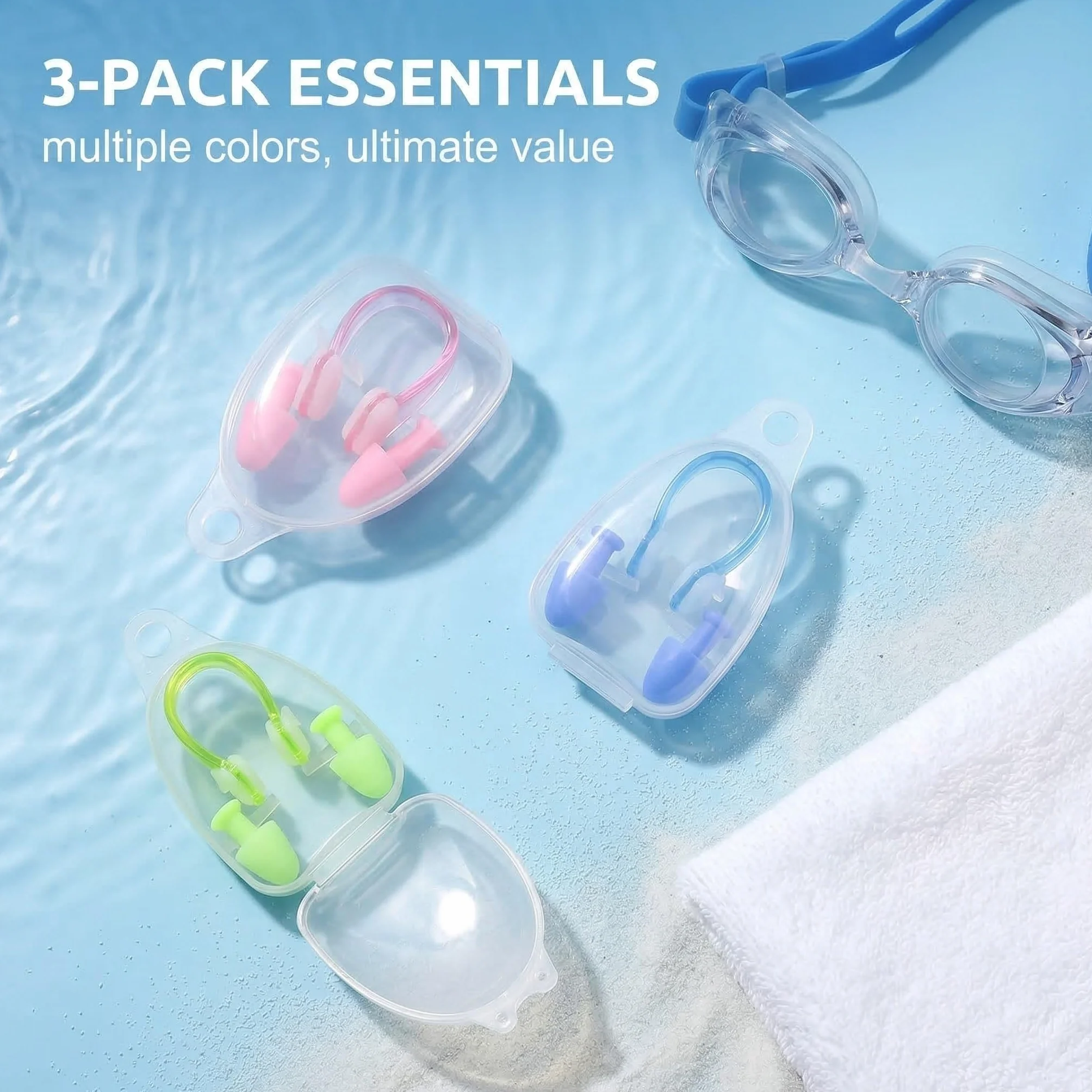 Pack de 3 Juegos de Tapones para Oídos y Pinzas para la Nariz de Natación, Silicona, Impermeable, Adultos y Niños